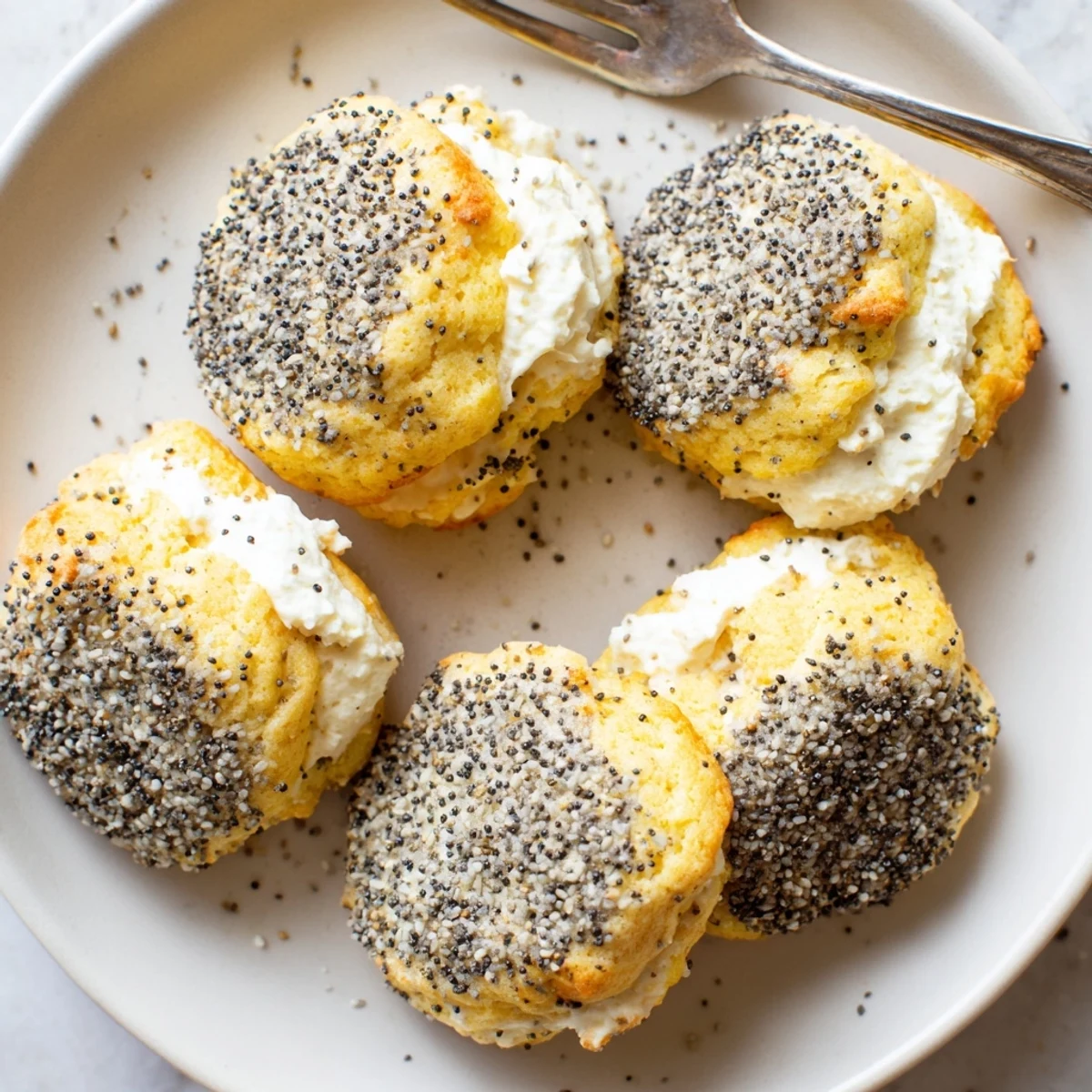 Soft baked Lemon Poppy Seed Cheesecake Cookies featuring white filling and dark poppy speckles
