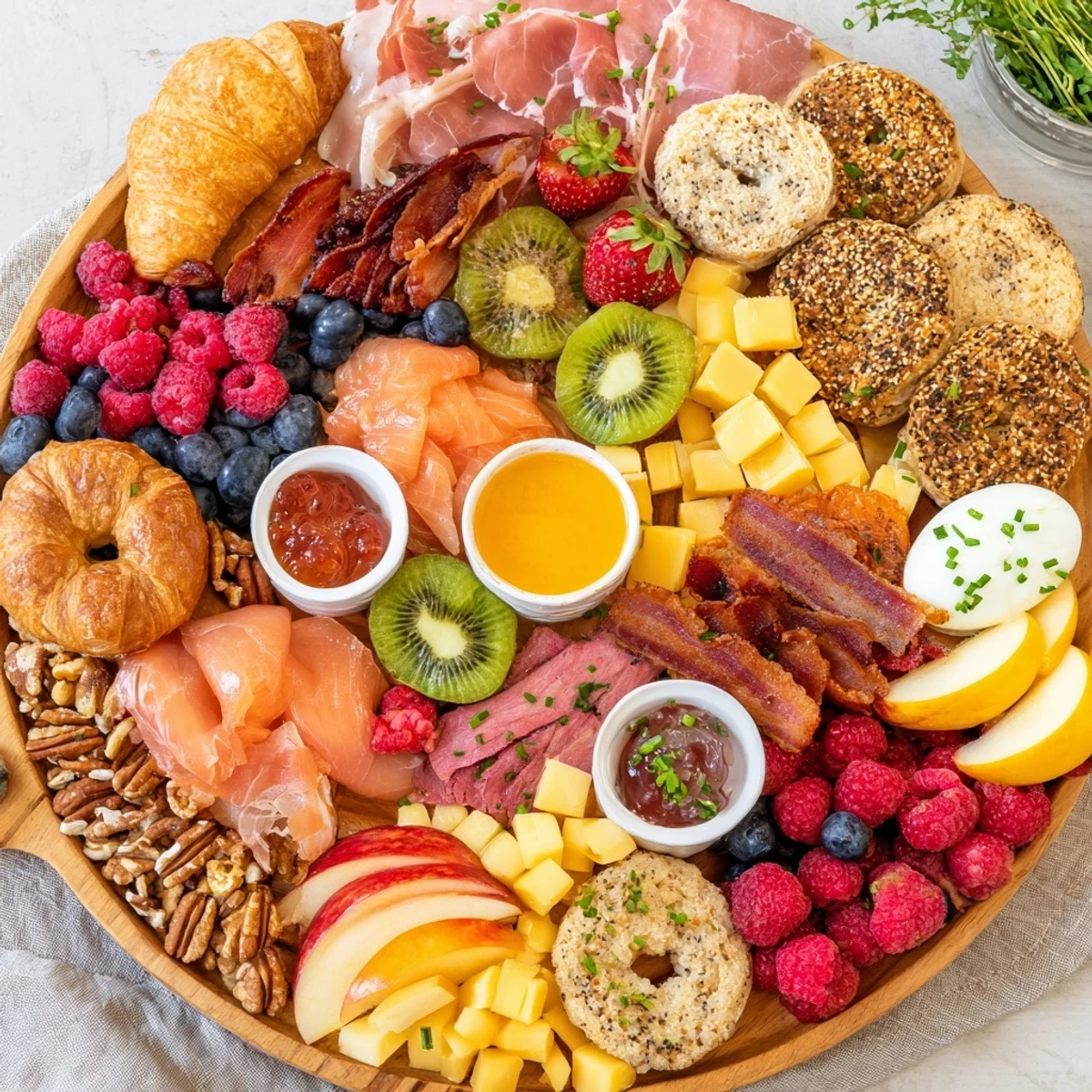 Golden prosciutto and smoked salmon layered with brie and cheddar on a breakfast charcuterie board