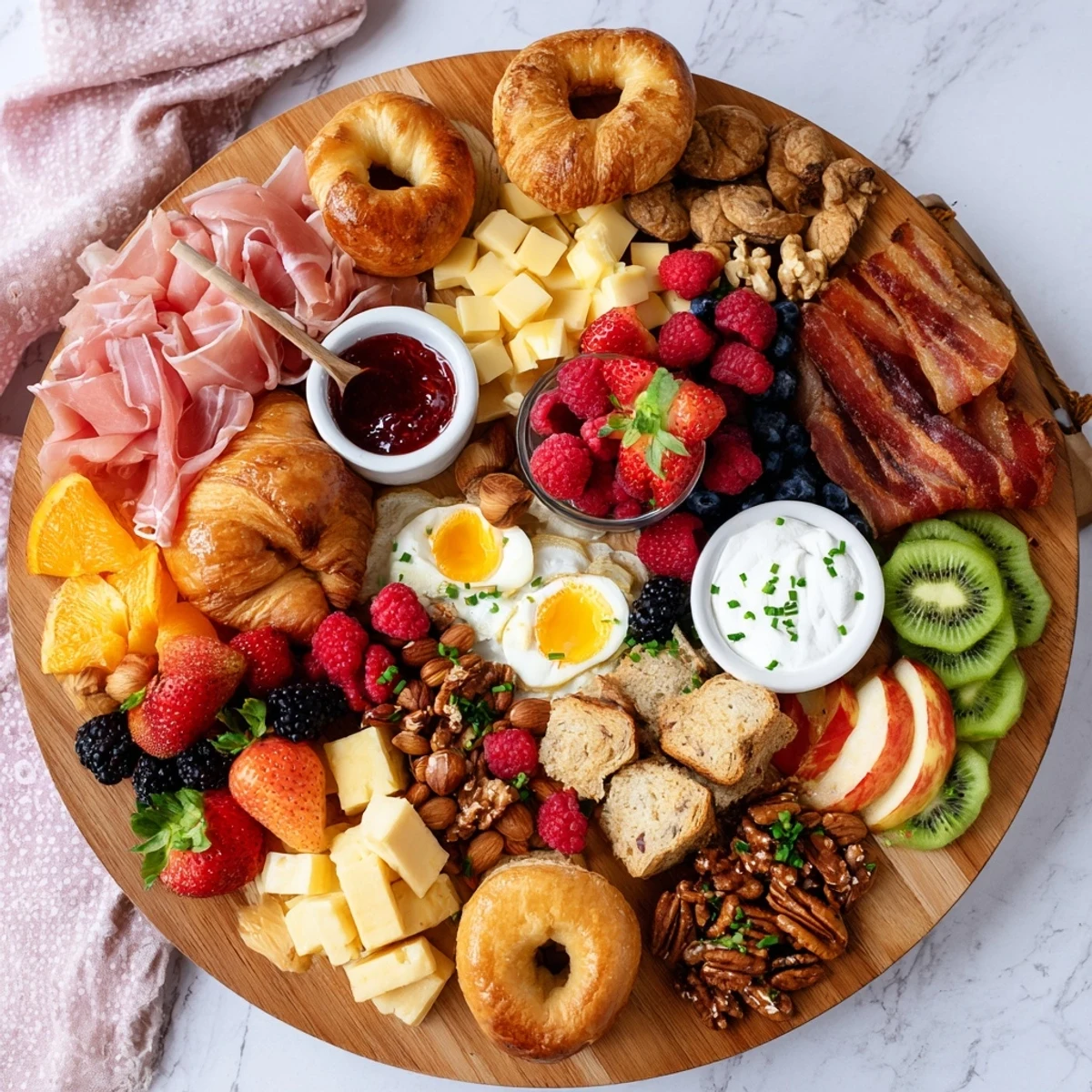 Rustic wooden board displaying croissants, fresh berries, and boiled eggs on this breakfast charcuterie board