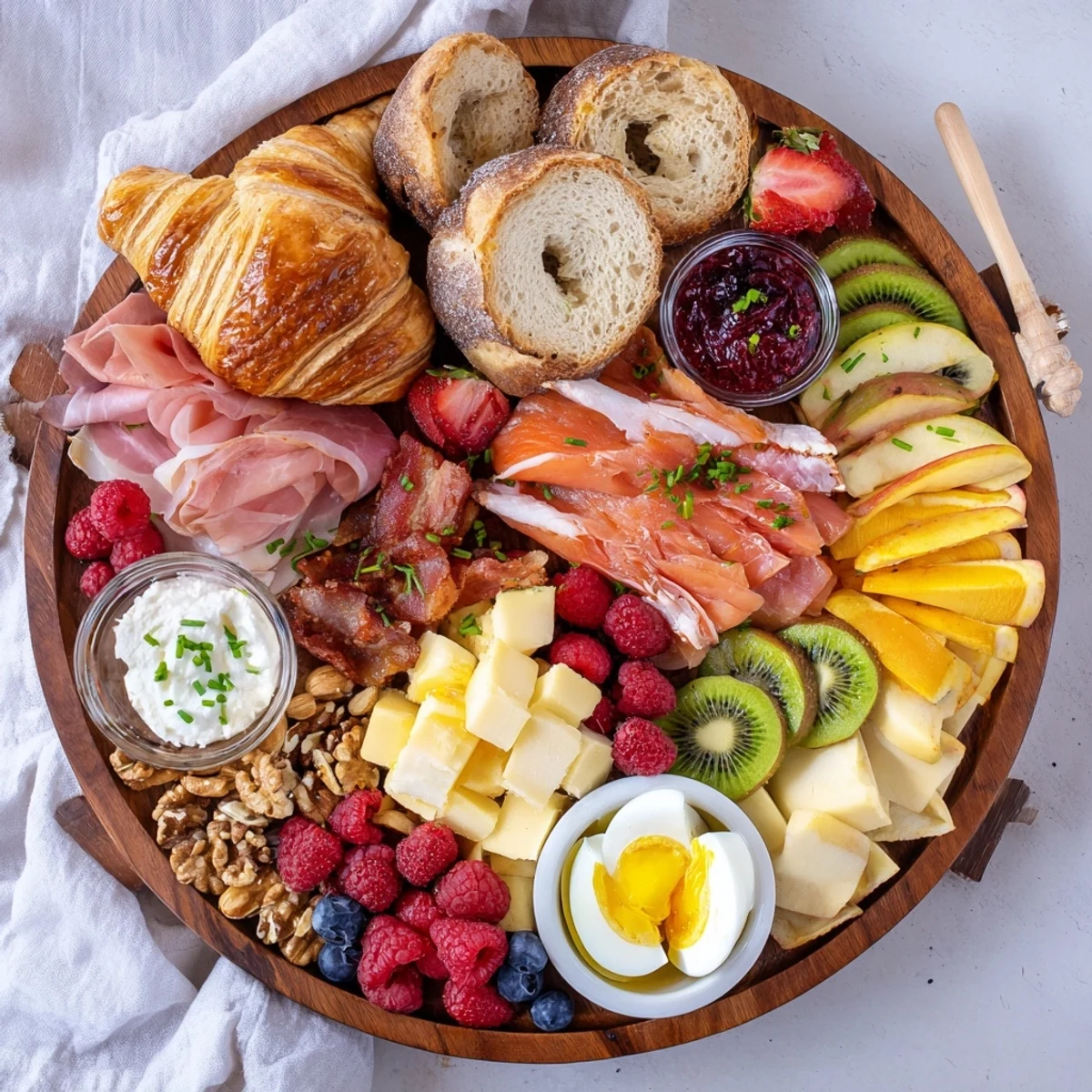 Colorful breakfast charcuterie board arranged with sweet strawberry jam, honey, and seasonal mixed fruits