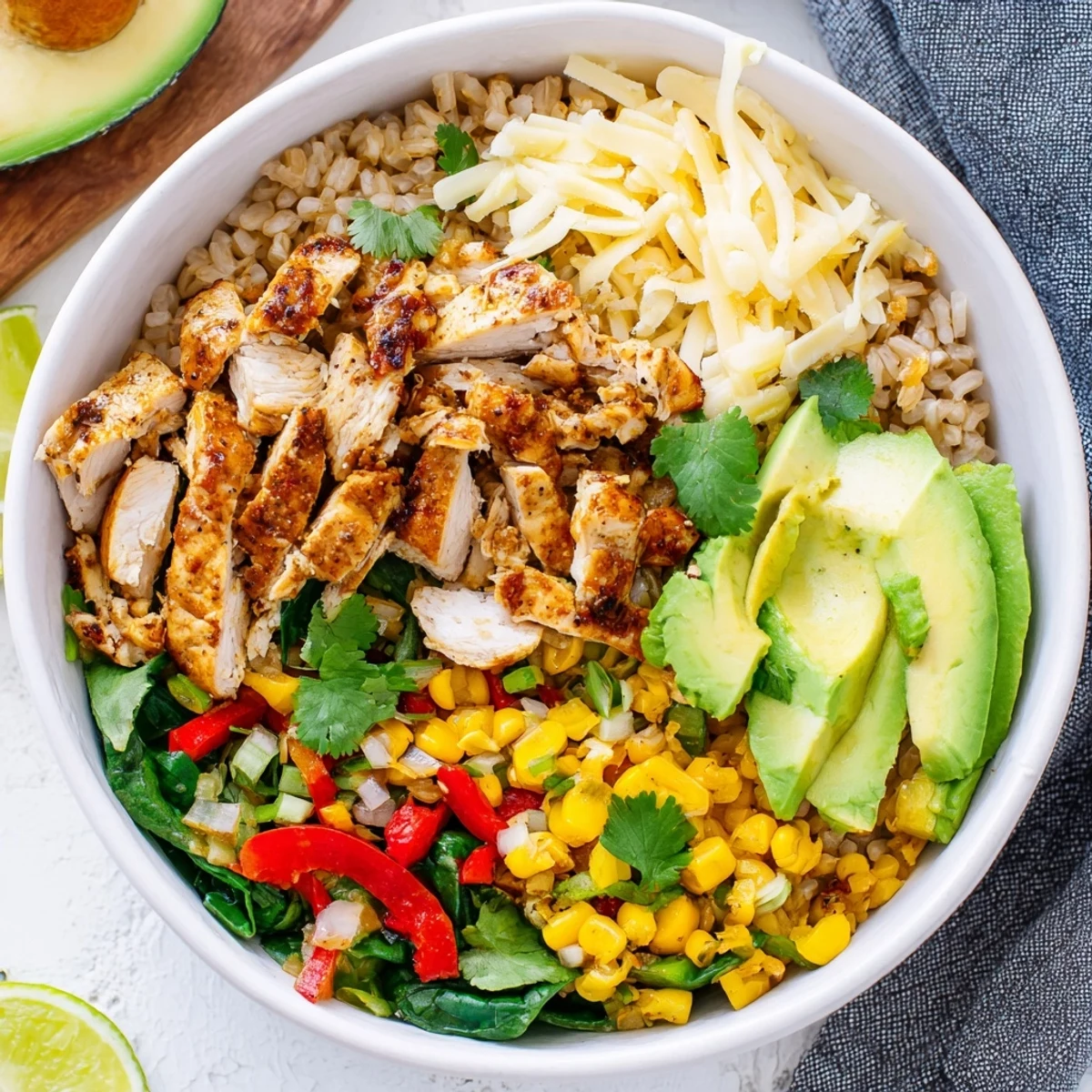 Hearty Southwest spice green chile bowl topped with tender chicken, avocado slices, and fresh cilantro garnish