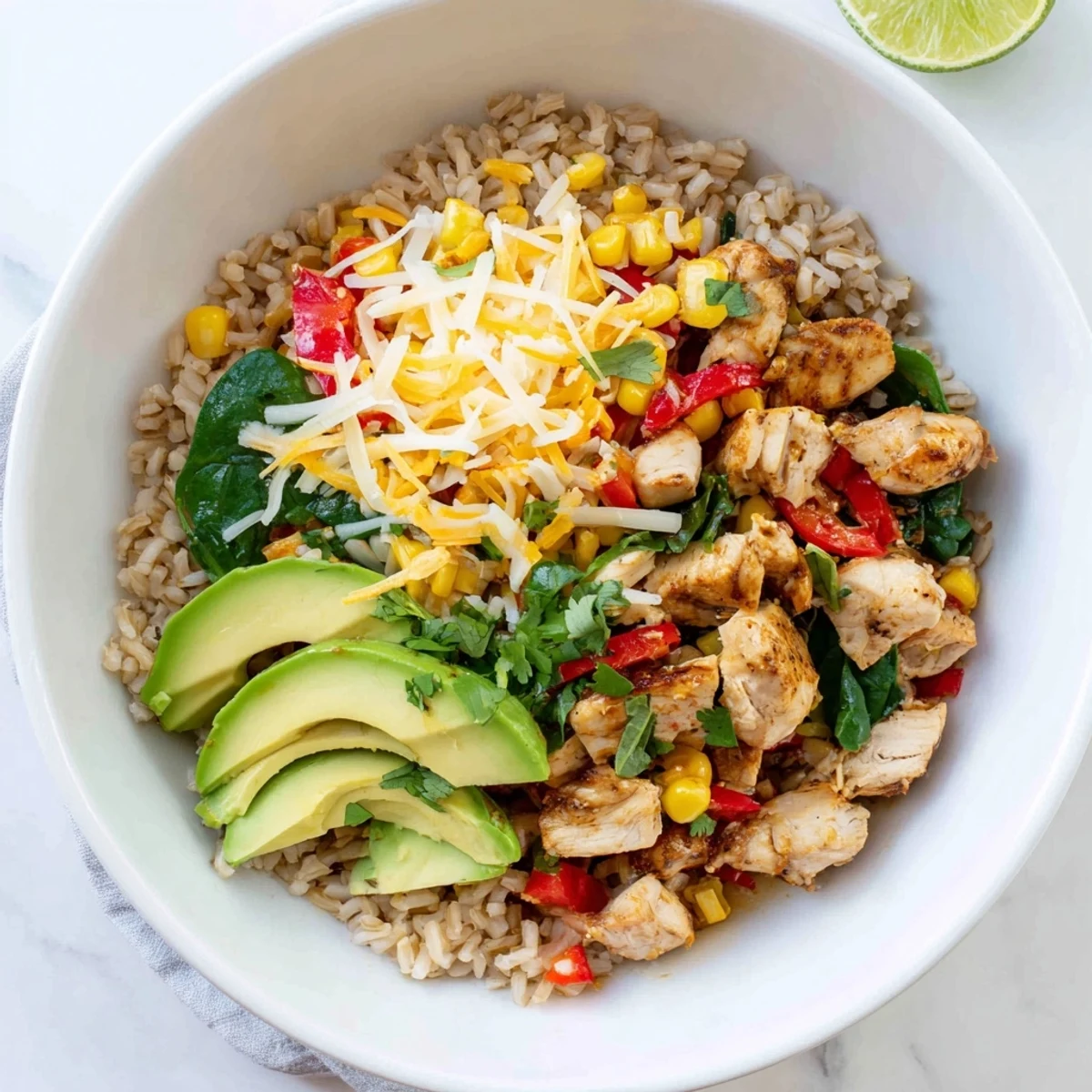 Colorful Southwestern bowl featuring roasted green chiles, corn, bell peppers over fluffy brown rice with melted cheese