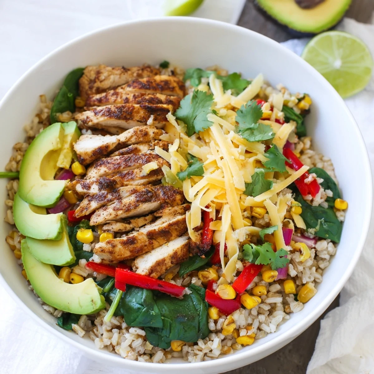 Savory Southwest spice green chile bowl with spiced chicken, vibrant vegetables, and zesty lime wedge garnish