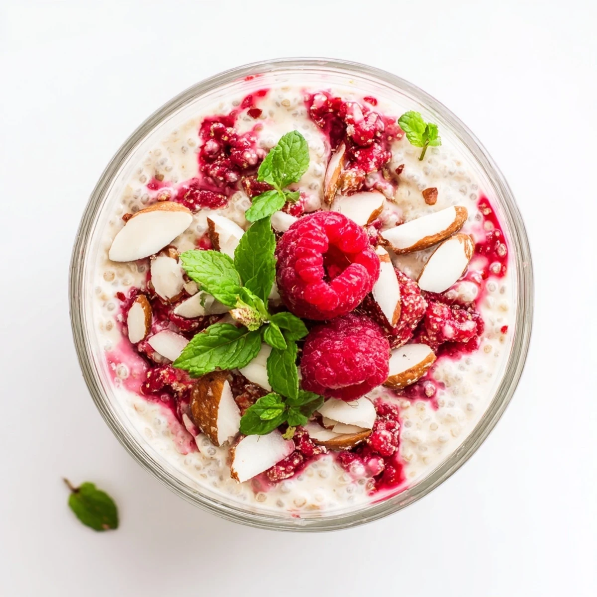 Layered glass jar showcasing creamy raspberry chia pudding sweetened with maple syrup and topped with fresh berries