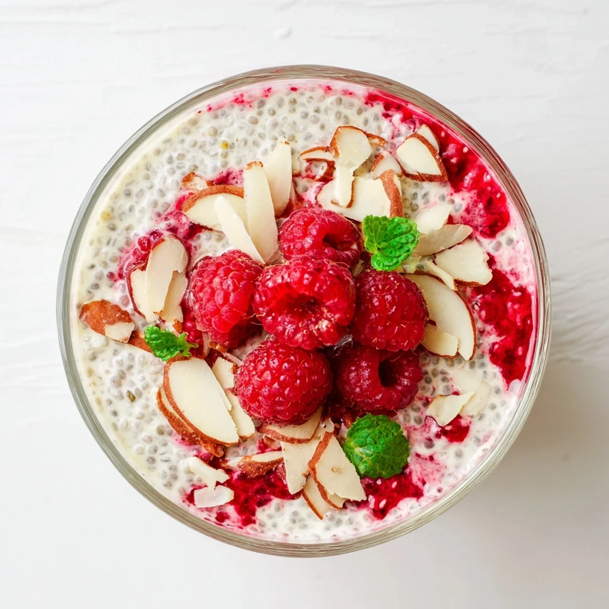 Vegan raspberry chia pudding with maple syrup swirled in a clear serving glass with mint garnish