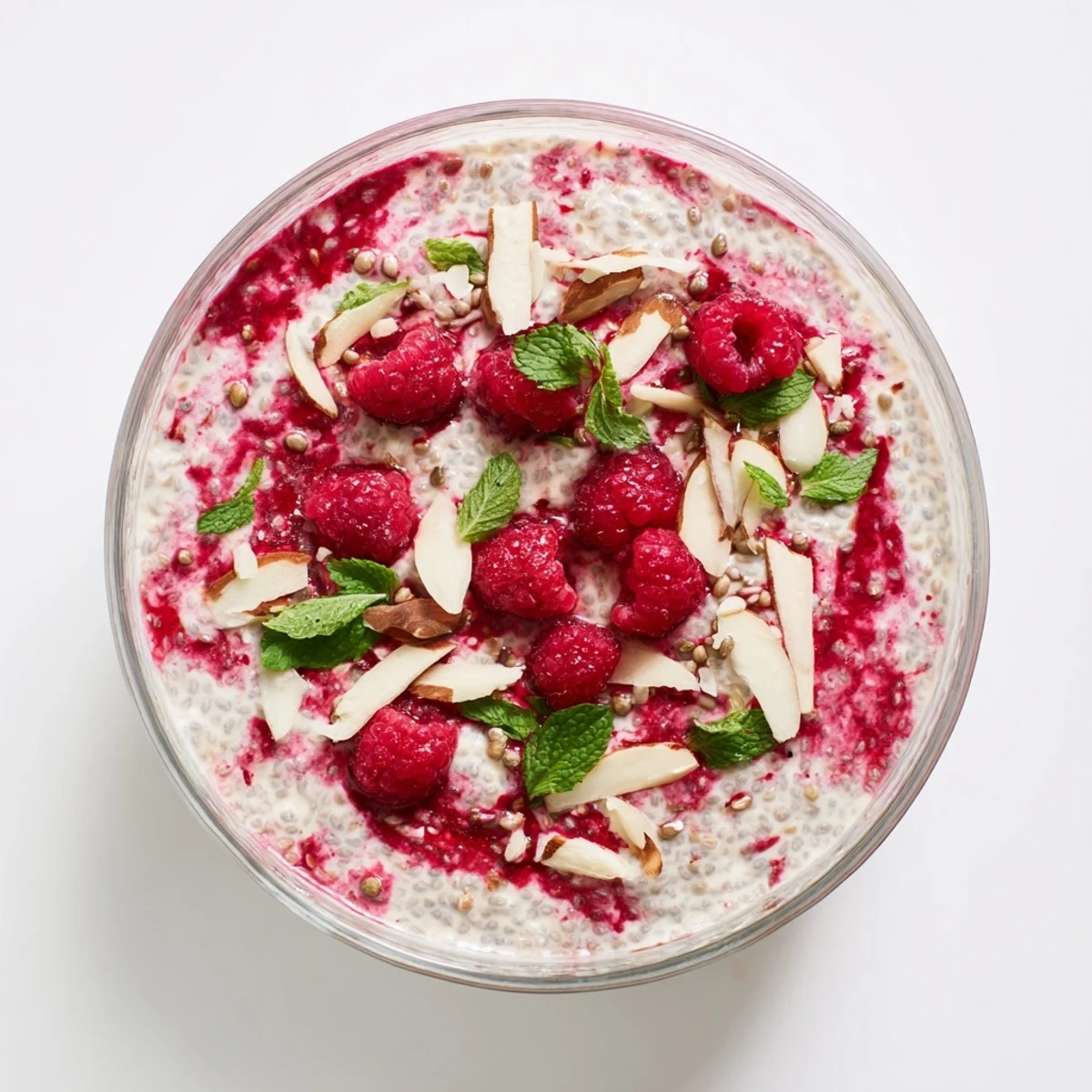 Creamy chia pudding layered with sweet raspberry maple compote in mason jars with almond topping