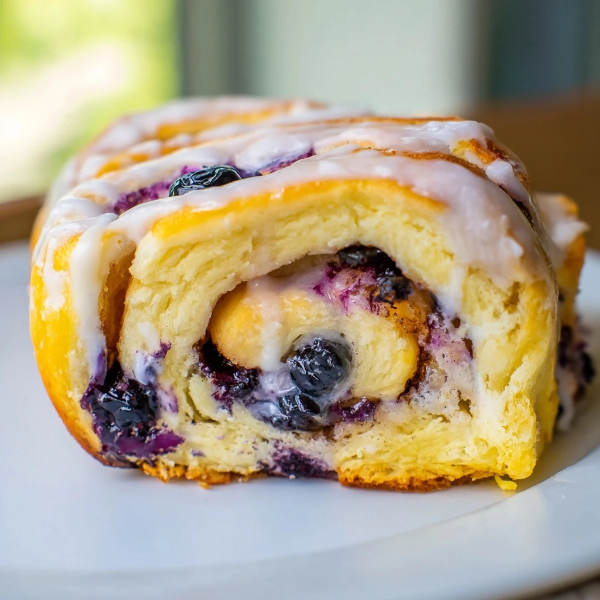Freshly baked lemon blueberry rolls drizzled with creamy white glaze on a serving platter