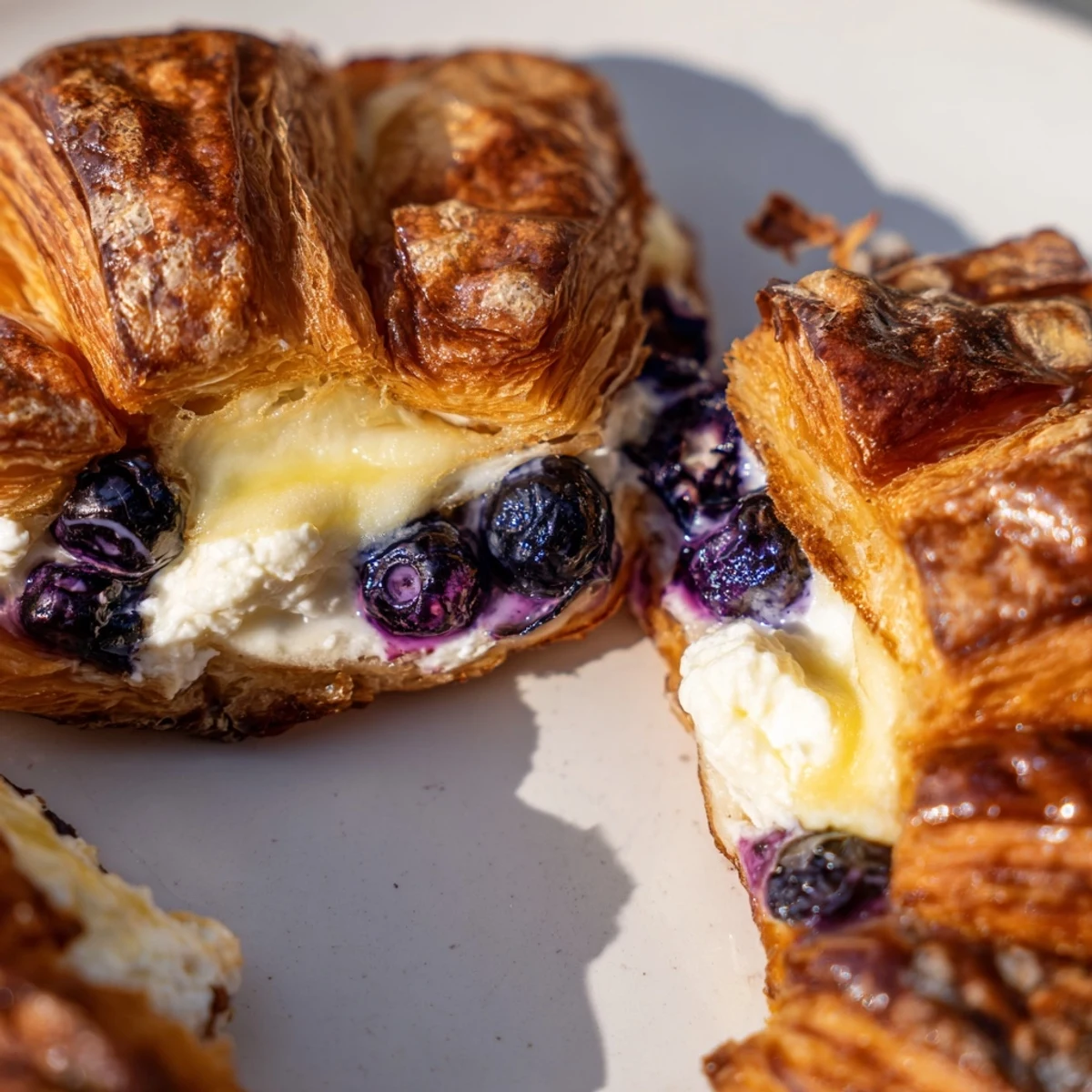 Golden blueberry cream cheese croissant casserole with bursts of juicy fruit and creamy layers