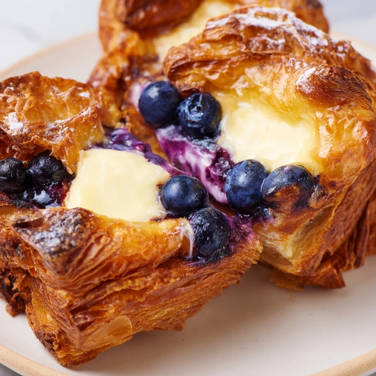 Warm breakfast casserole featuring flaky croissants, tangy cream cheese, and fresh blueberry filling