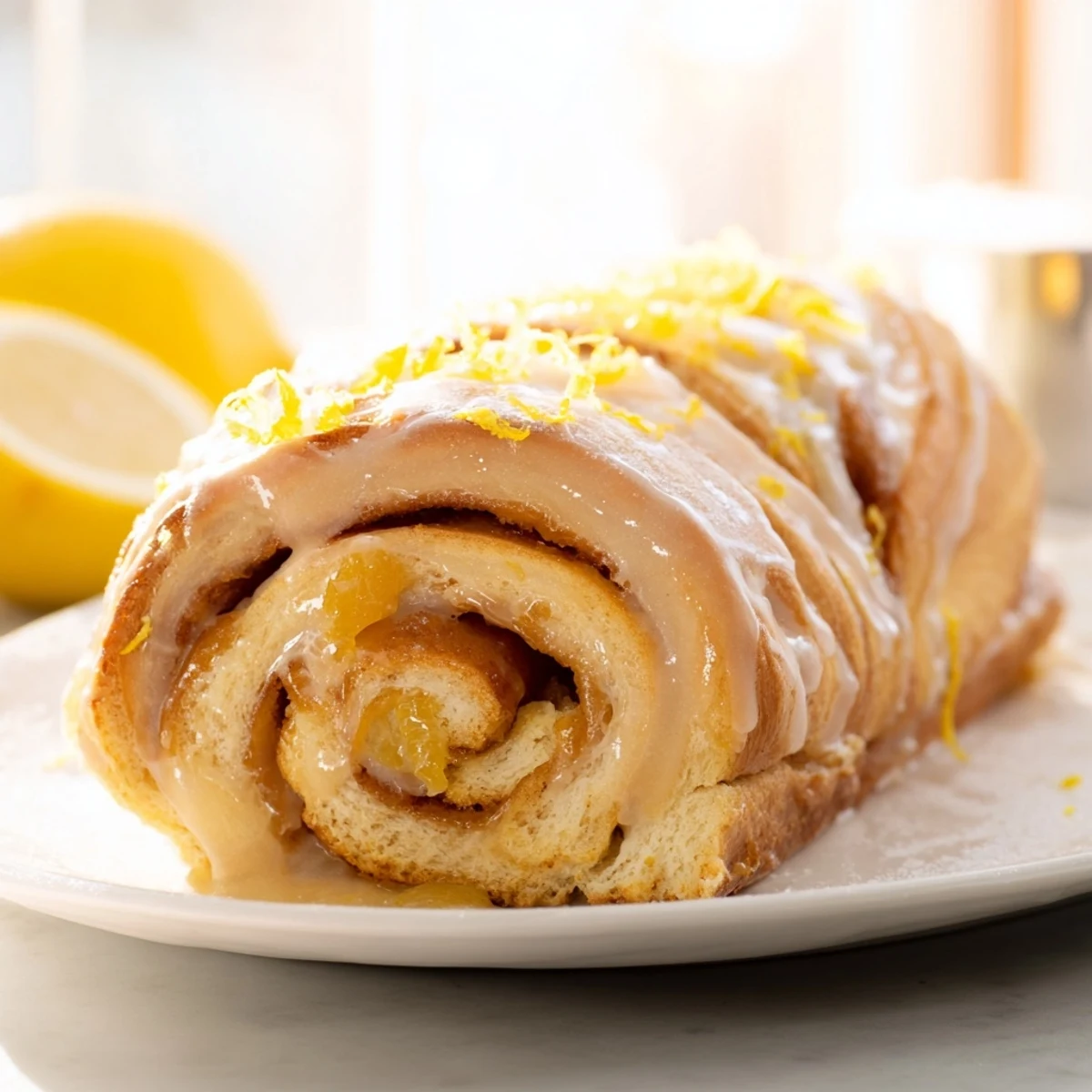 Golden homemade lemon rolls drizzled with tangy glaze and fresh lemon zest garnish