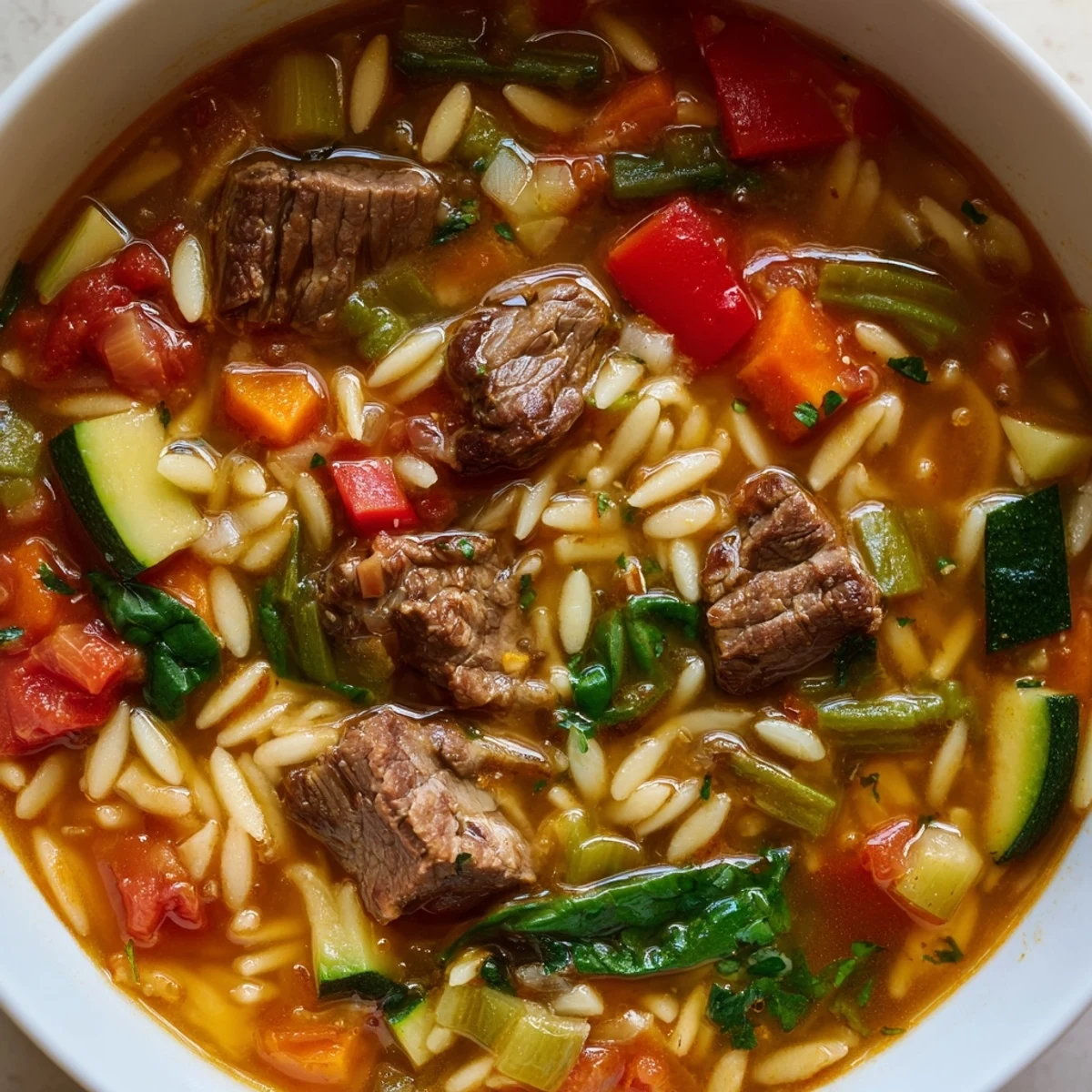 Hearty beef and orzo soup with tender vegetables in steaming savory broth