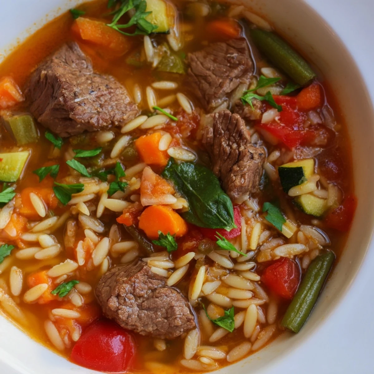 Rustic bowl of hearty beef and orzo soup garnished with fresh parsley
