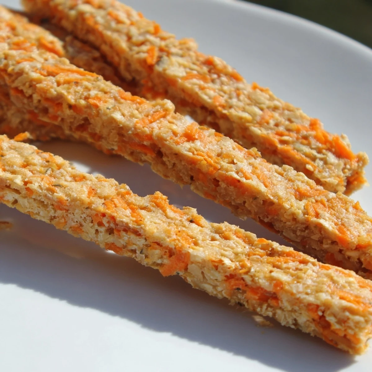 Golden homemade carrot and apple dog chew sticks cooling on a rustic baking sheet ready for pups