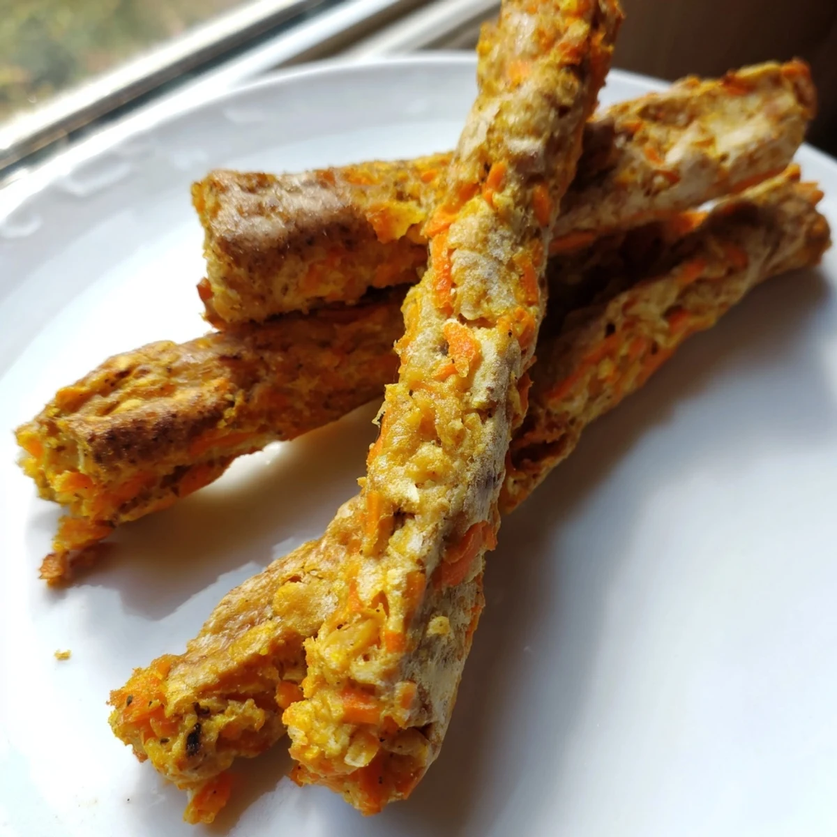 Crispy baked apple carrot dog treats shaped into chewy sticks perfect for rewarding happy dogs