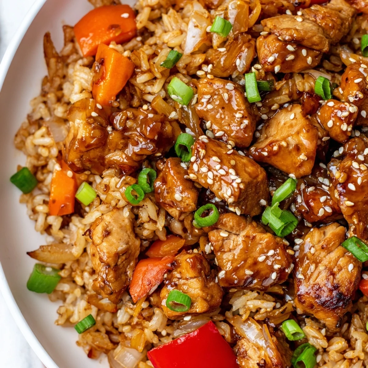 One Pan Korean BBQ Chicken and Rice in a cast iron skillet topped with sesame seeds