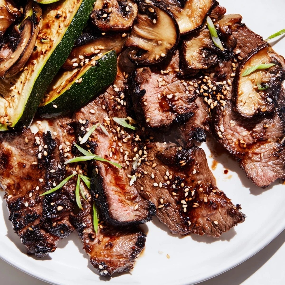 Thinly sliced Beef Yakiniku grilling to caramelized perfection with colorful bell peppers and zucchini