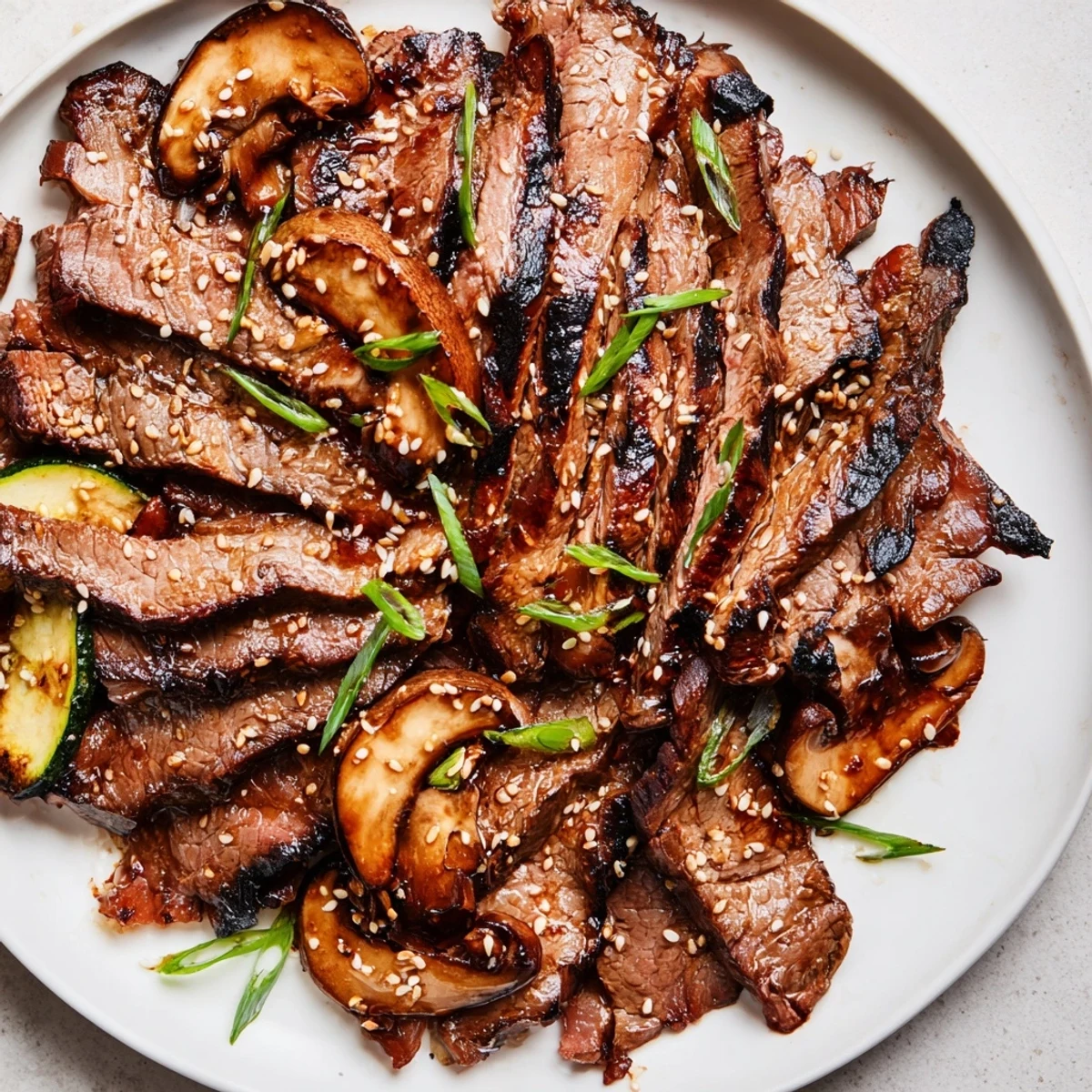 Savory Beef Yakiniku sizzling on a hot grill pan alongside tender shiitake mushrooms