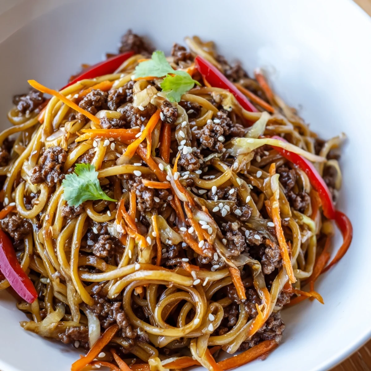Asian ground beef noodles tossed with colorful vegetables in a savory ginger garlic sauce