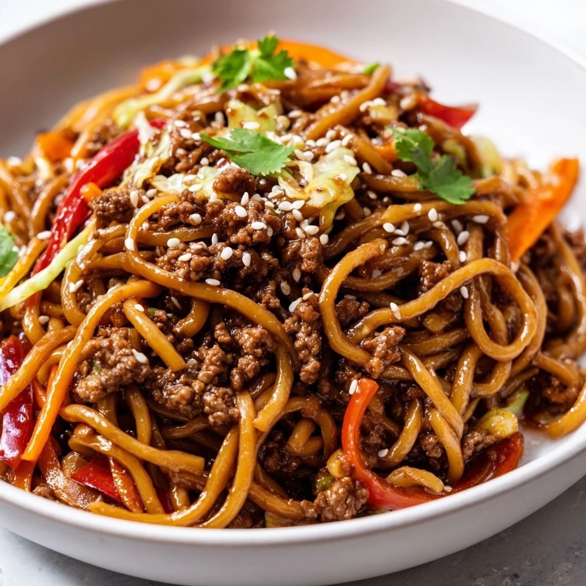 Steaming plate of Asian ground beef noodles topped with toasted sesame seeds and scallions