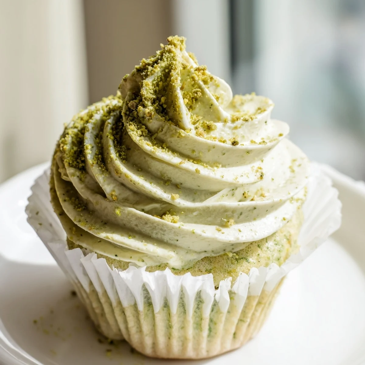 Frosted pistachio cupcakes topped with crushed nuts on a rustic wooden board
