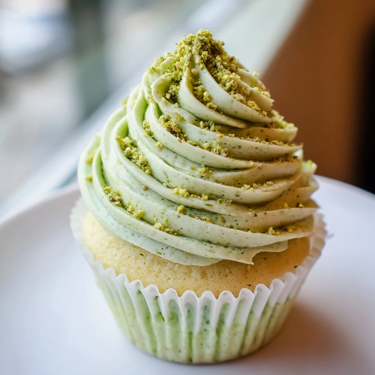 Golden-green pistachio cupcakes with swirls of creamy buttercream frosting served warm