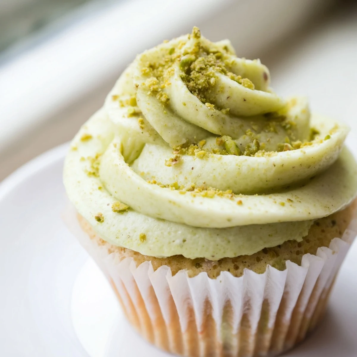 Moist pistachio cupcakes piped high with velvety green frosting and garnished elegantly