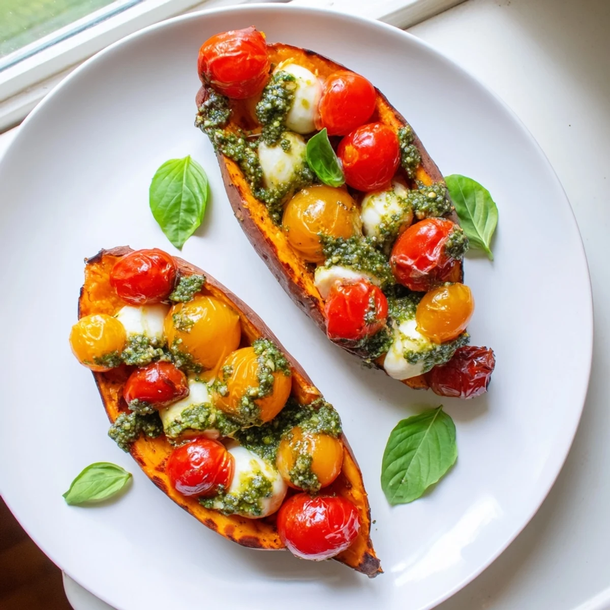 Golden roasted sweet potatoes topped with tomatoes, mozzarella, and bright green pesto