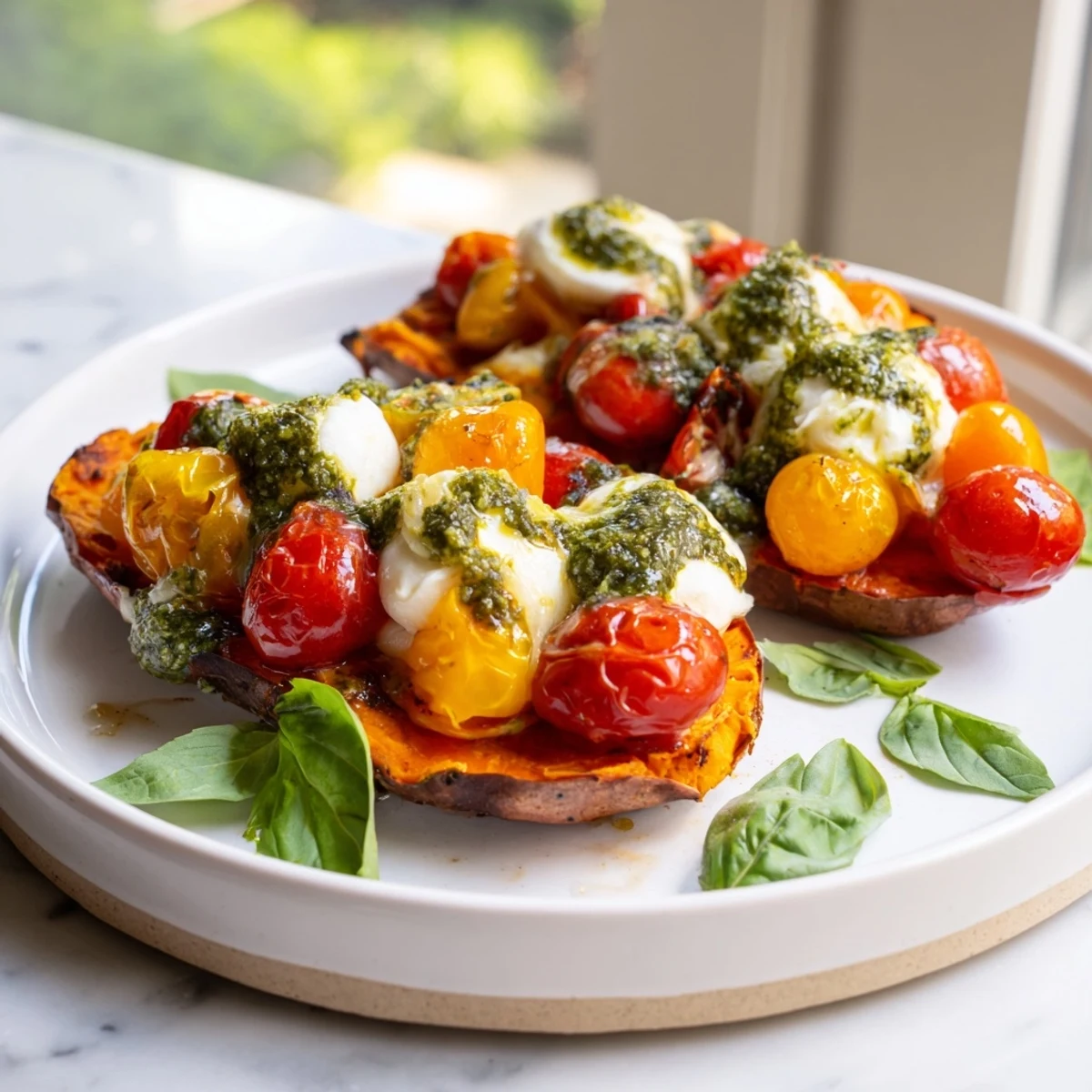 Summer sweet potatoes with tomatoes mozzarella pesto drizzled on a rustic white plate
