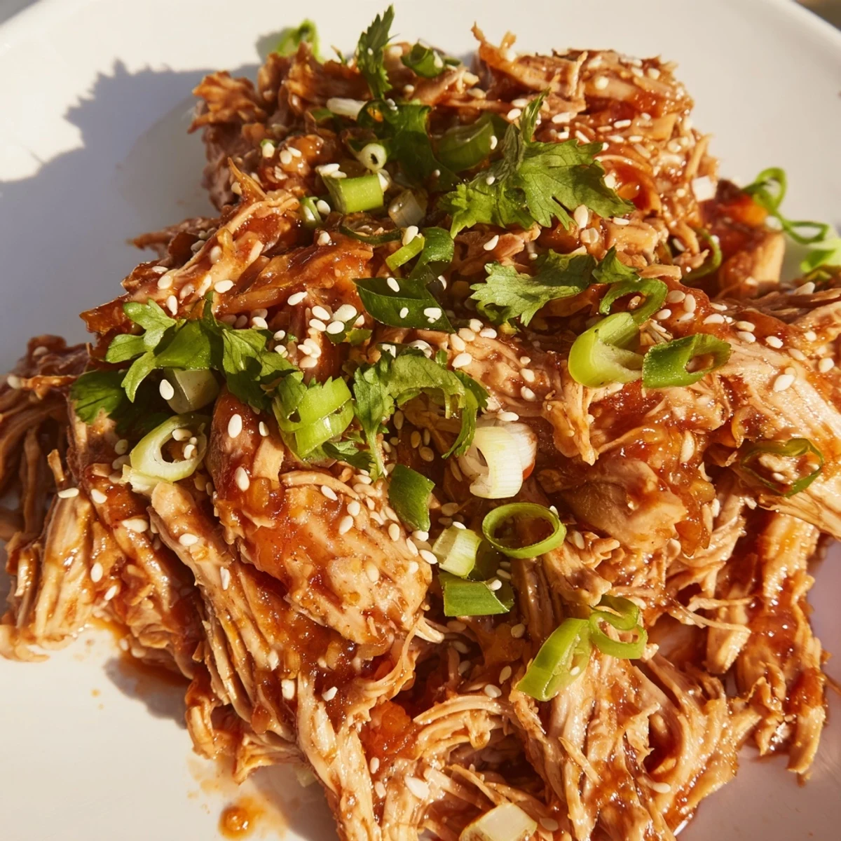 Tender shredded Slow Cooker Sweet Chili Chicken in glistening sauce over a bed of fluffy white rice