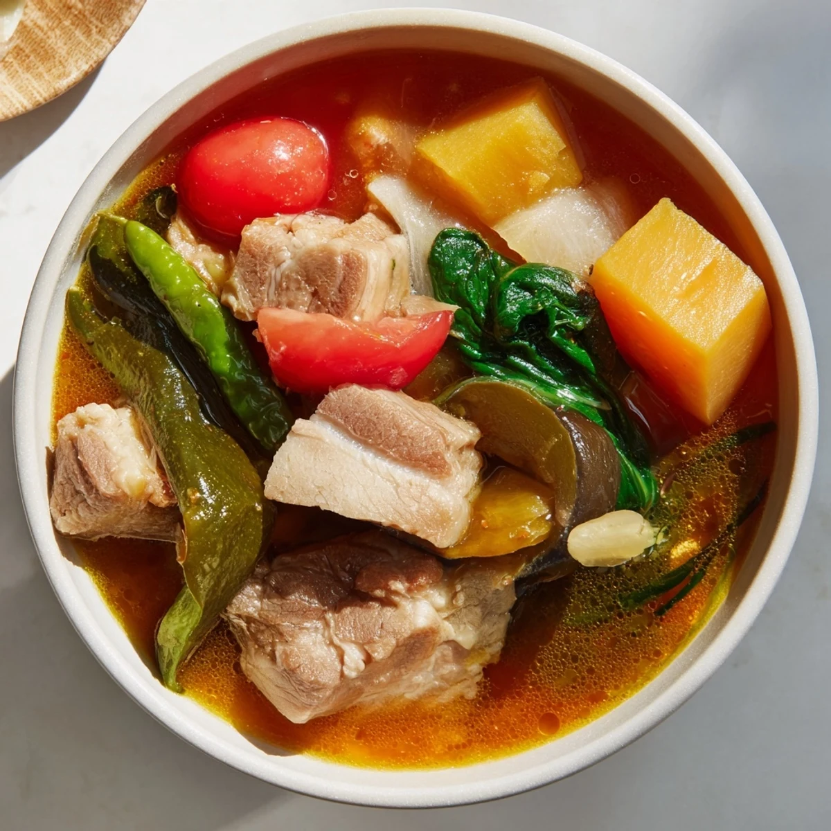 Steaming bowl of Filipino Sinigang with tender pork and vibrant vegetables in tangy tamarind broth