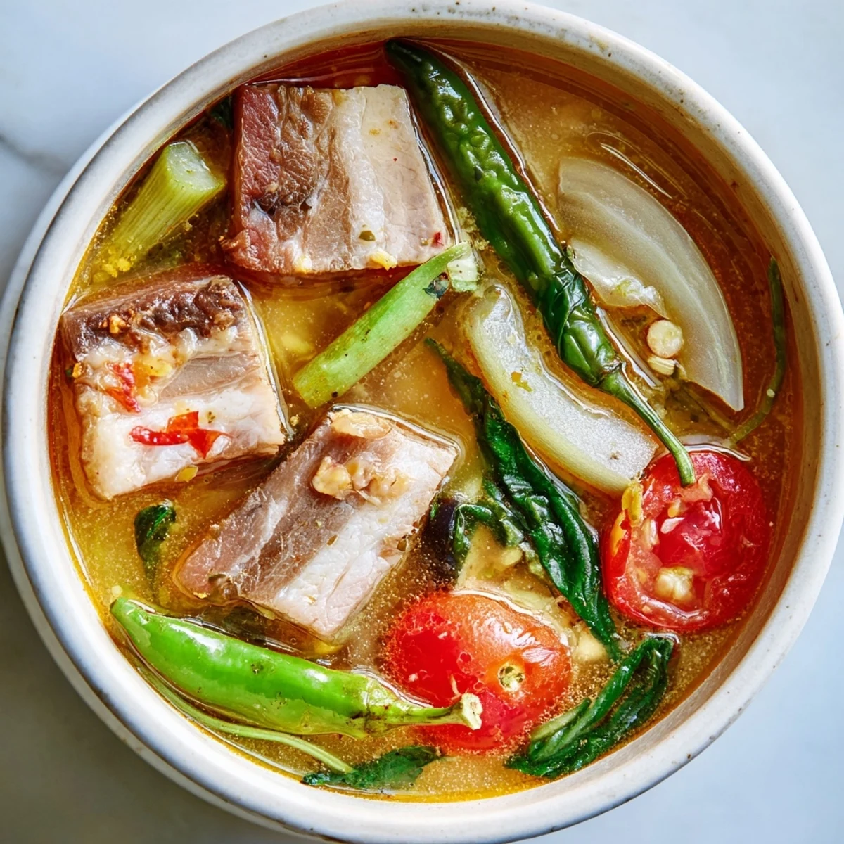 Filipino Sinigang served hot with spinach eggplant and daikon in a savory sour soup