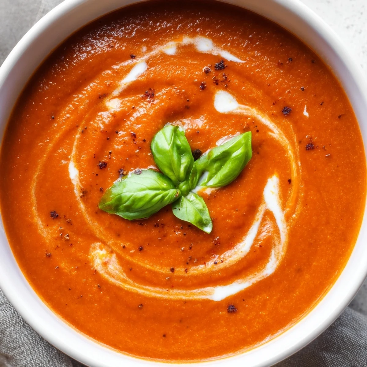 Smoky fire roasted tomato soup in a white bowl topped with fresh basil leaves