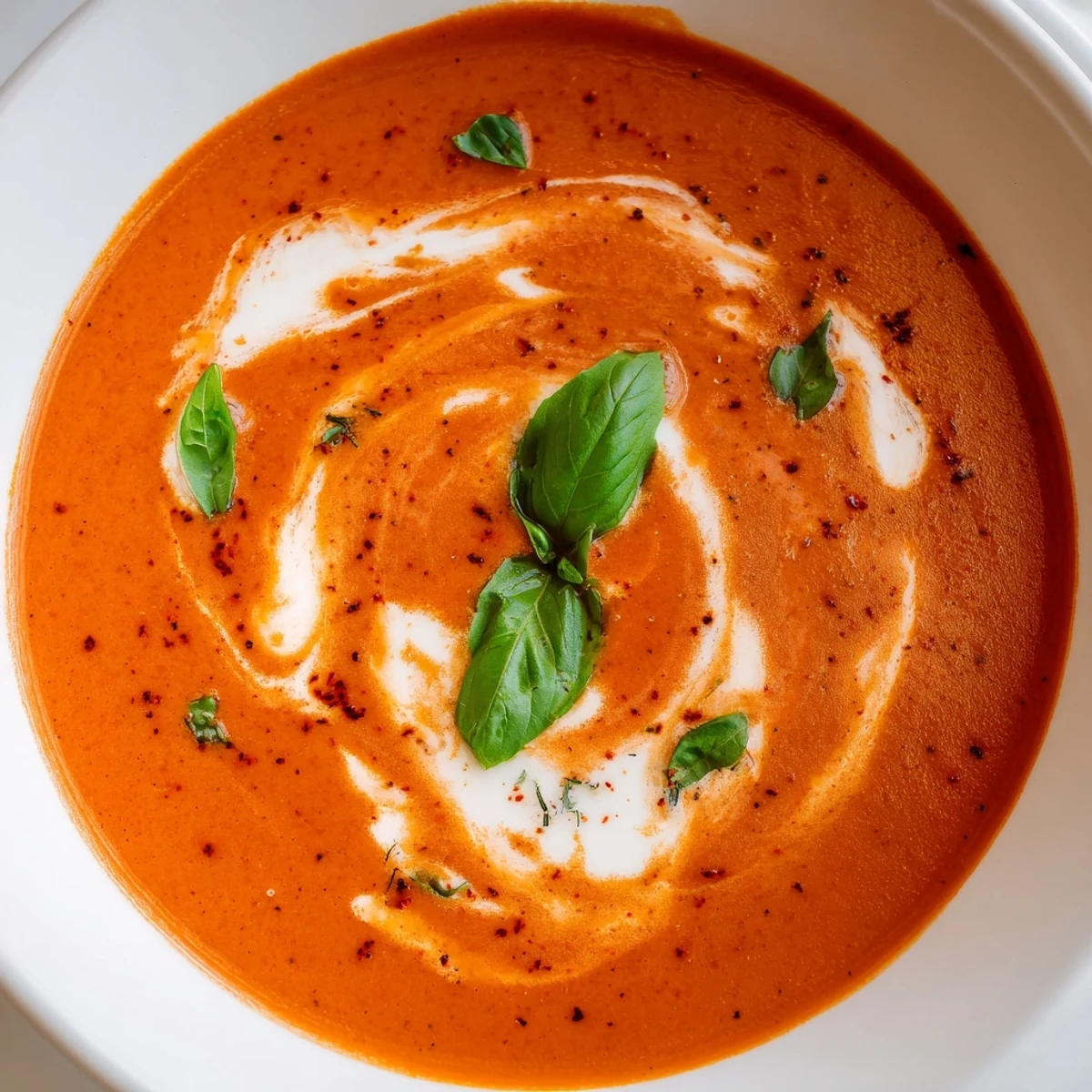 Creamy fire roasted tomato soup ladled into a rustic mug with crusty bread