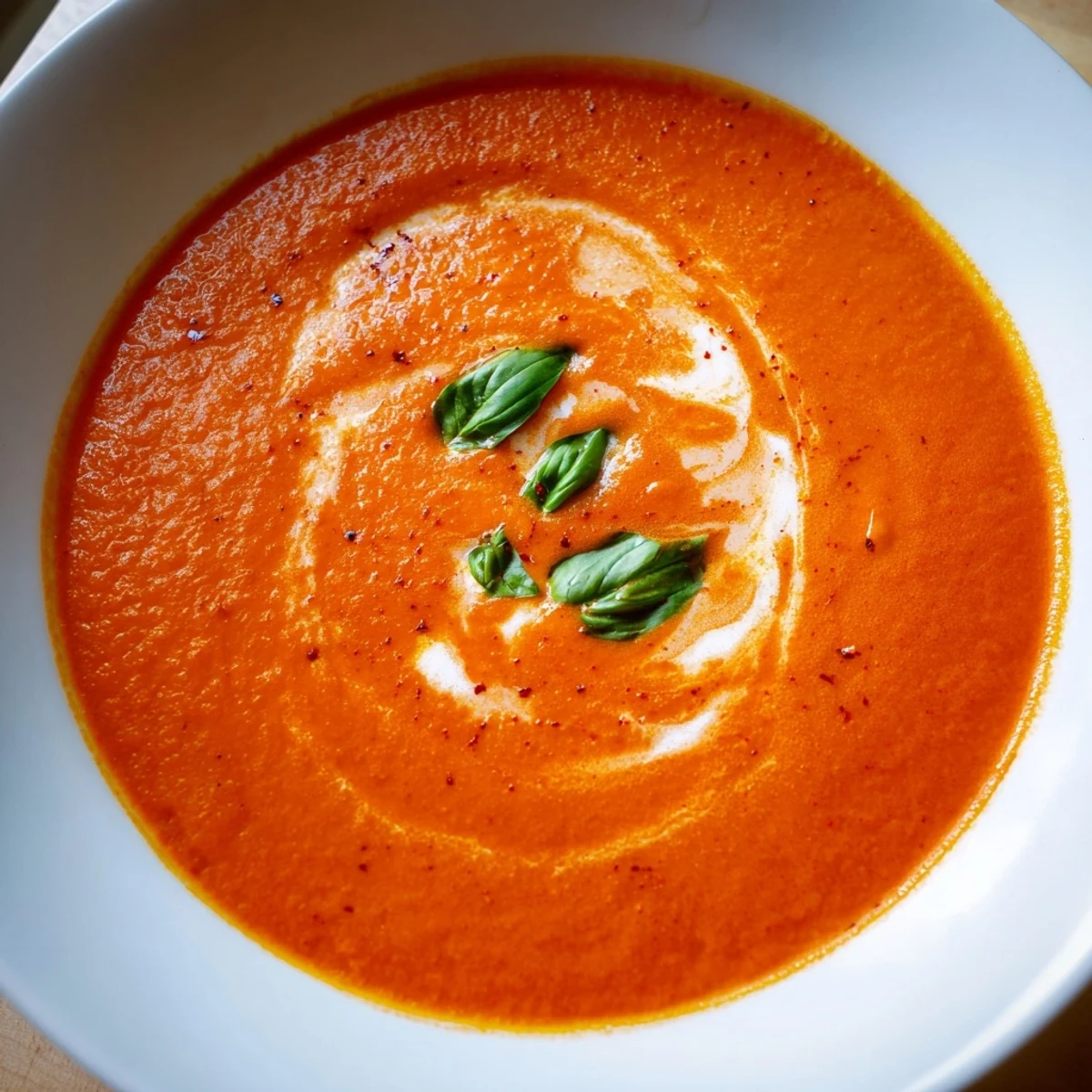 Velvety fire roasted tomato soup garnished with parsley and a drizzle of cream