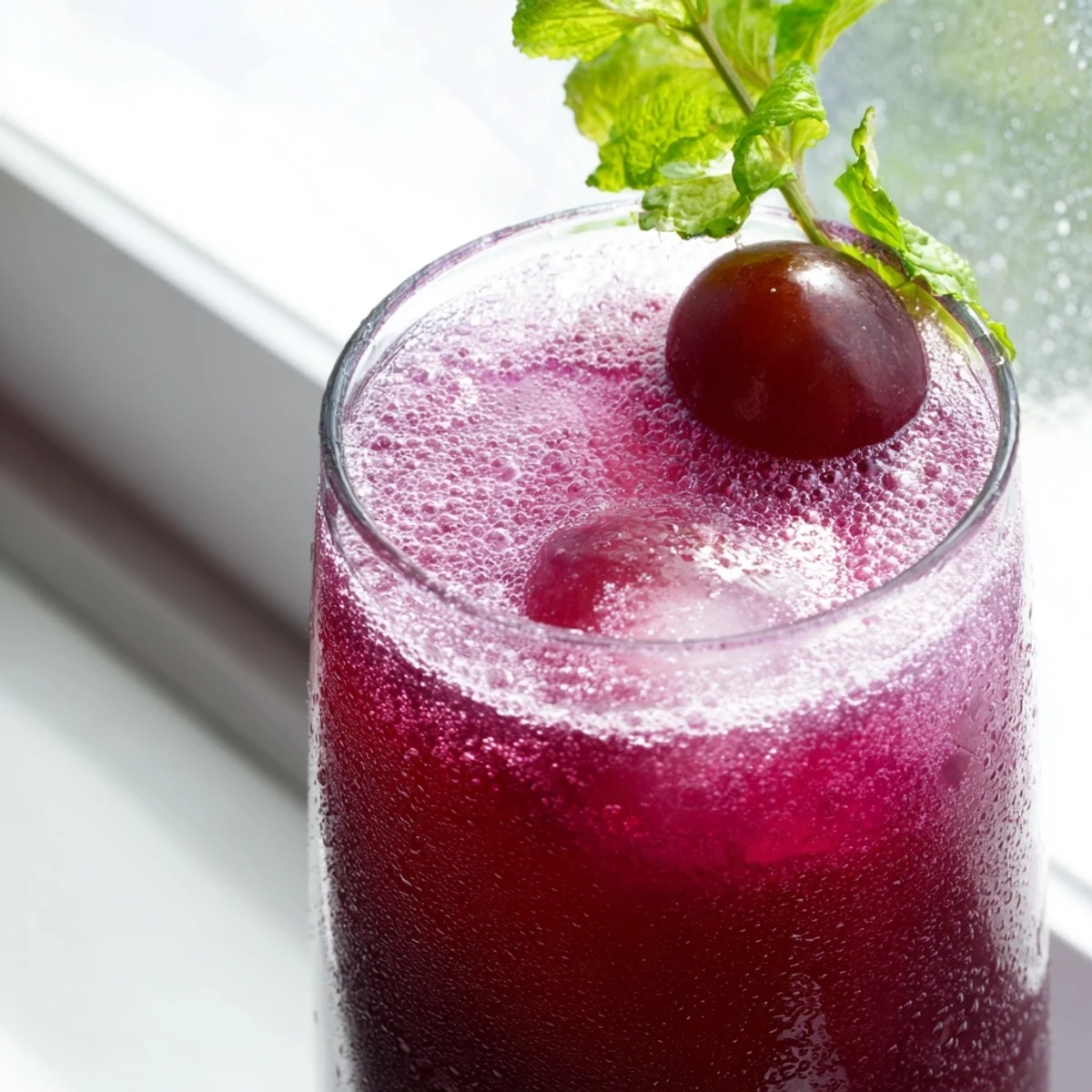 Refreshing Grape Agua Fresca in a tall glass with ice and grape garnish