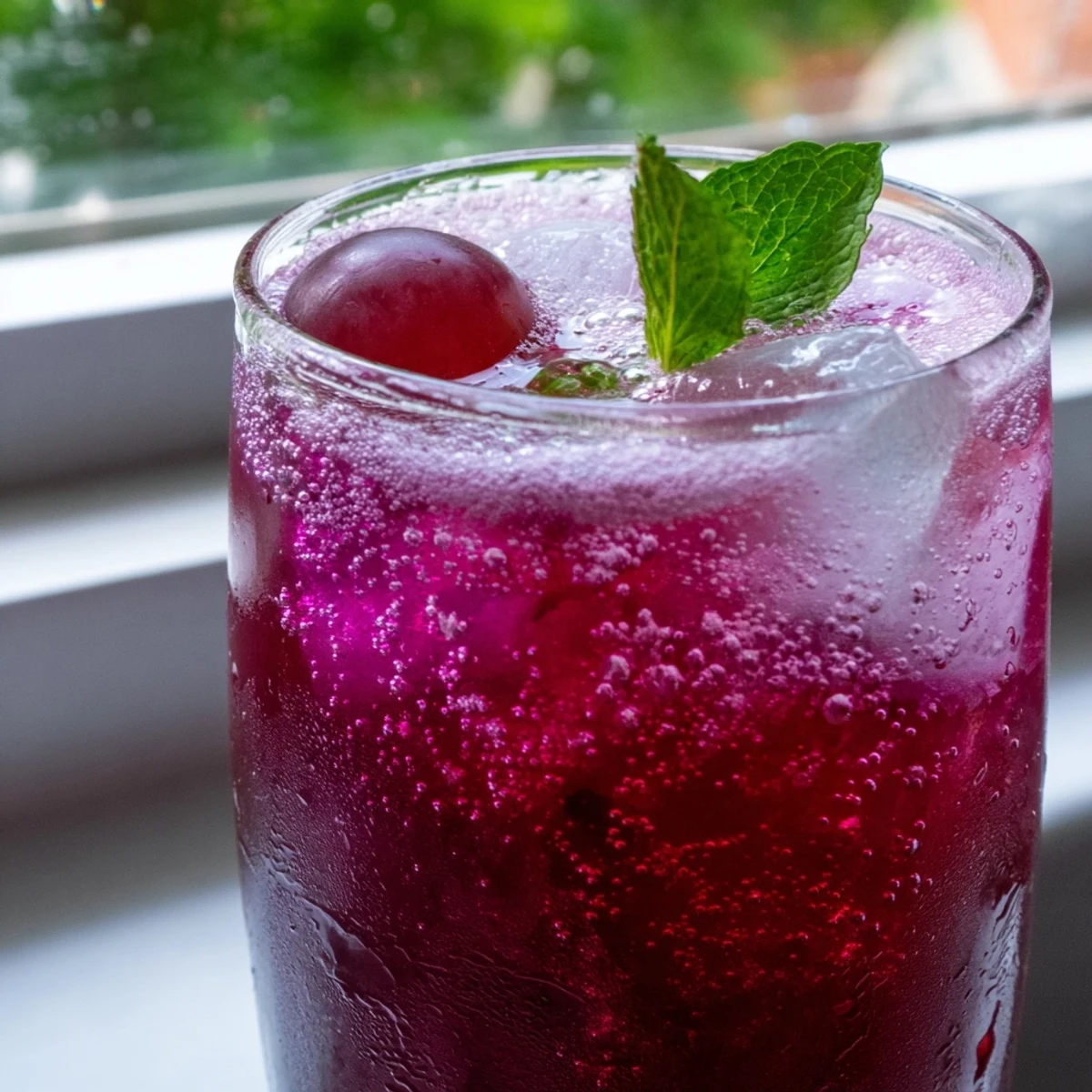 Chilled Grape Agua Fresca pitcher surrounded by fresh red grapes and mint leaves