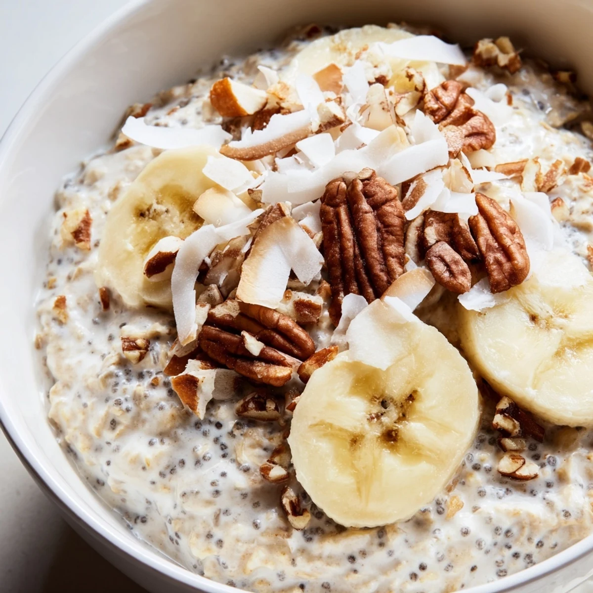 Coconut cream pie overnight oats served in a jar with banana slices and almonds