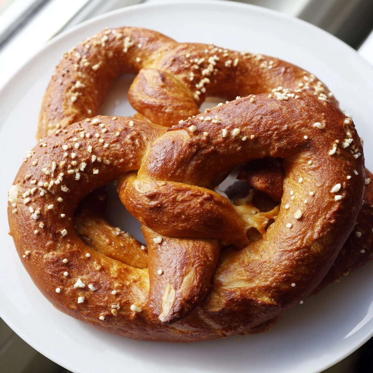 Warm mozzarella stuffed soft pretzels coated in coarse salt on a rustic cutting board