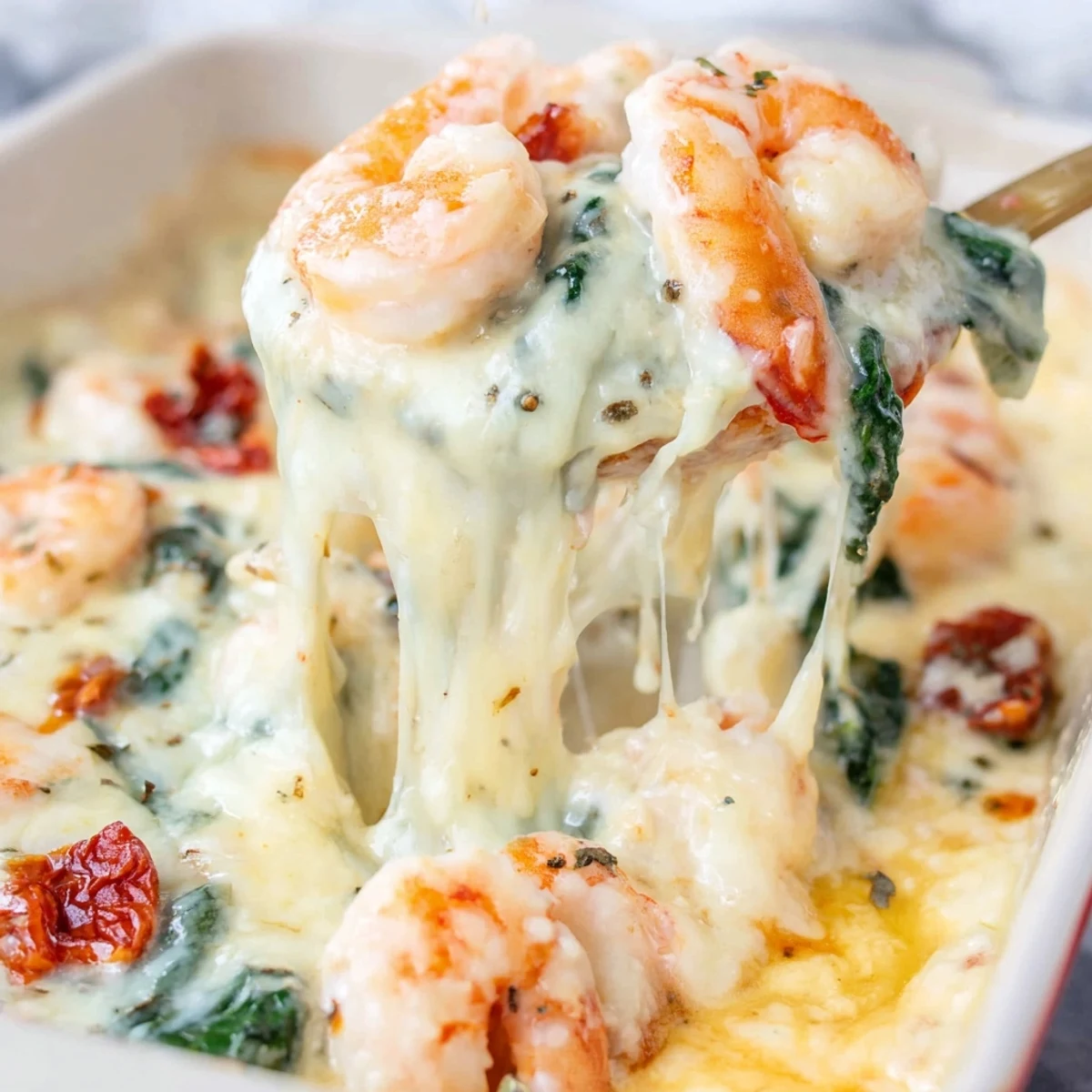 Creamy Low Carb Shrimp Tuscan Bake with melted mozzarella and sun-dried tomatoes in rustic dish