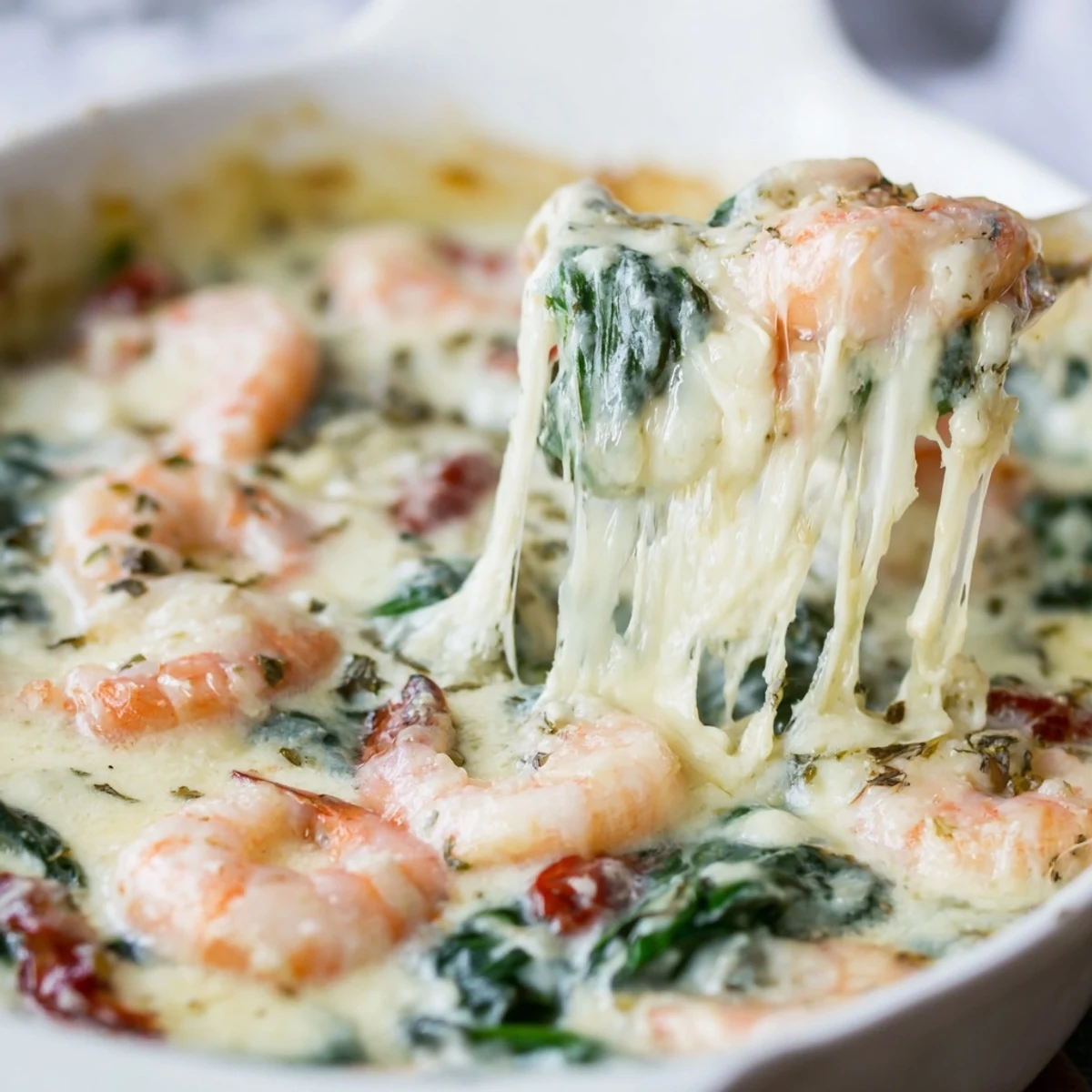 Golden bubbly Low Carb Shrimp Tuscan Bake with tender pink shrimp and wilted spinach