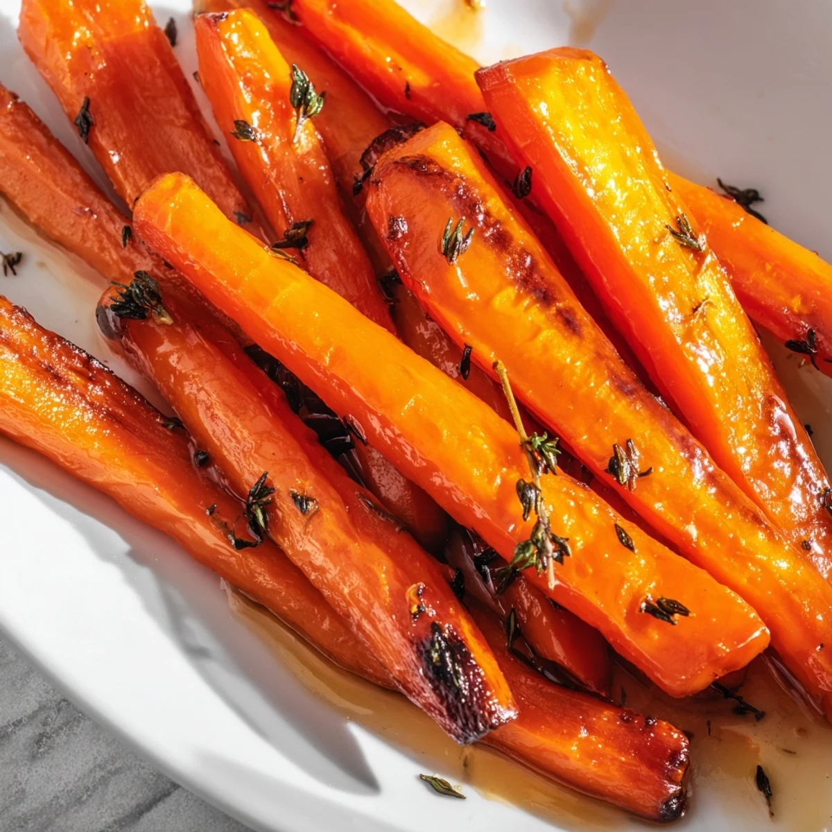 Golden honey roasted carrots glistening with caramelized glaze on a rustic white serving platter