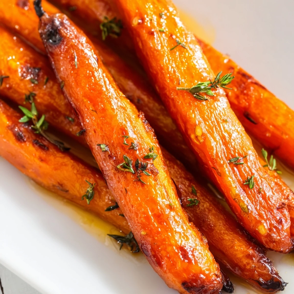 Tender honey roasted carrots with caramelized edges and fresh herbs in a ceramic dish