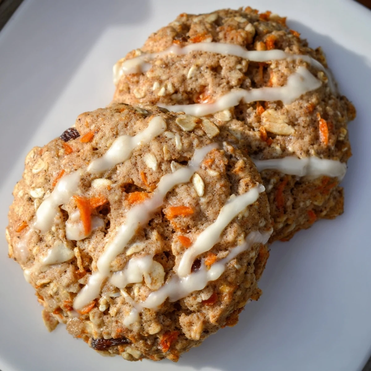 Chewy brown butter carrot cake cookies with golden edges and visible grated carrots on a rustic baking sheet