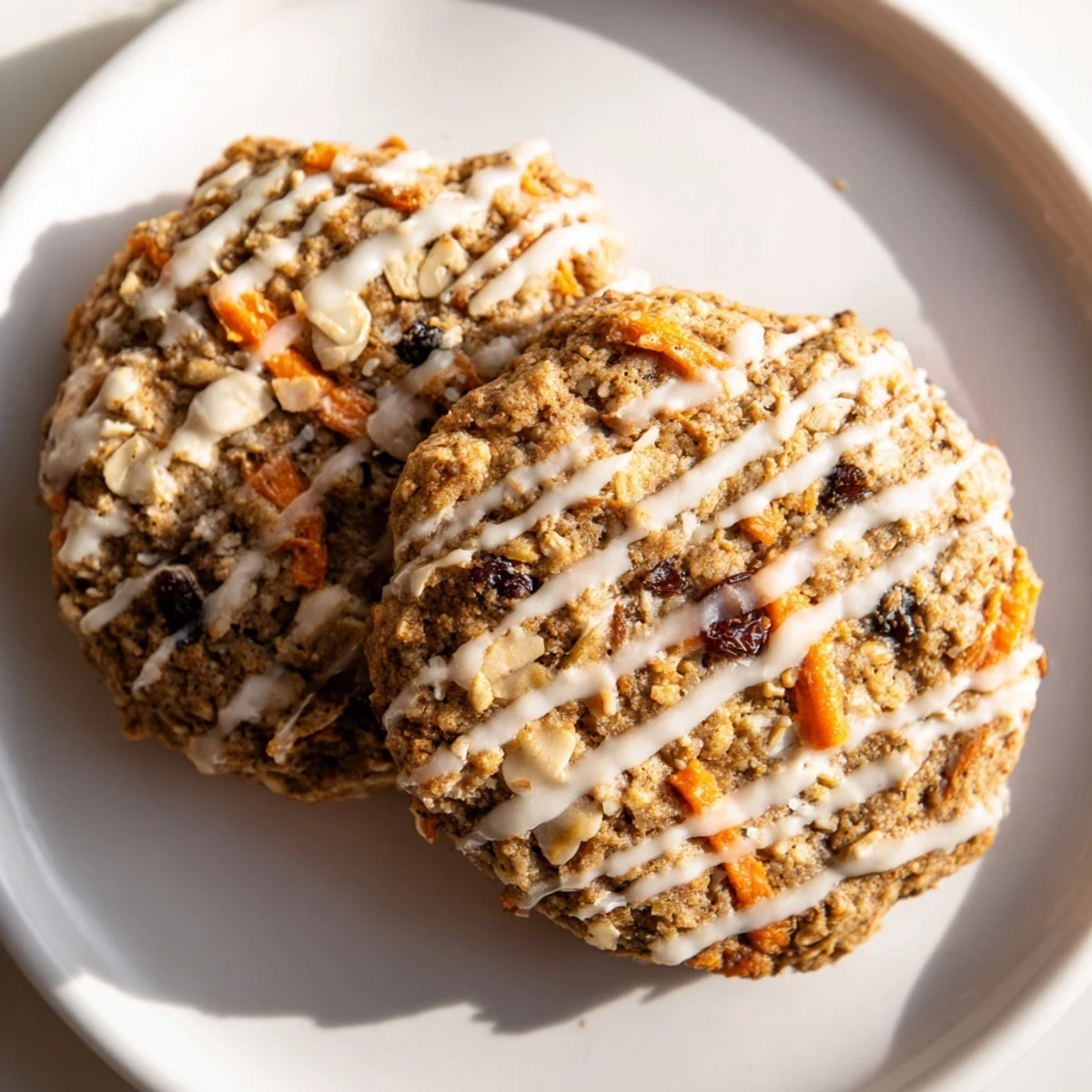 Soft chewy brown butter carrot cake cookies studded with crunchy walnuts and drizzled with cream cheese glaze