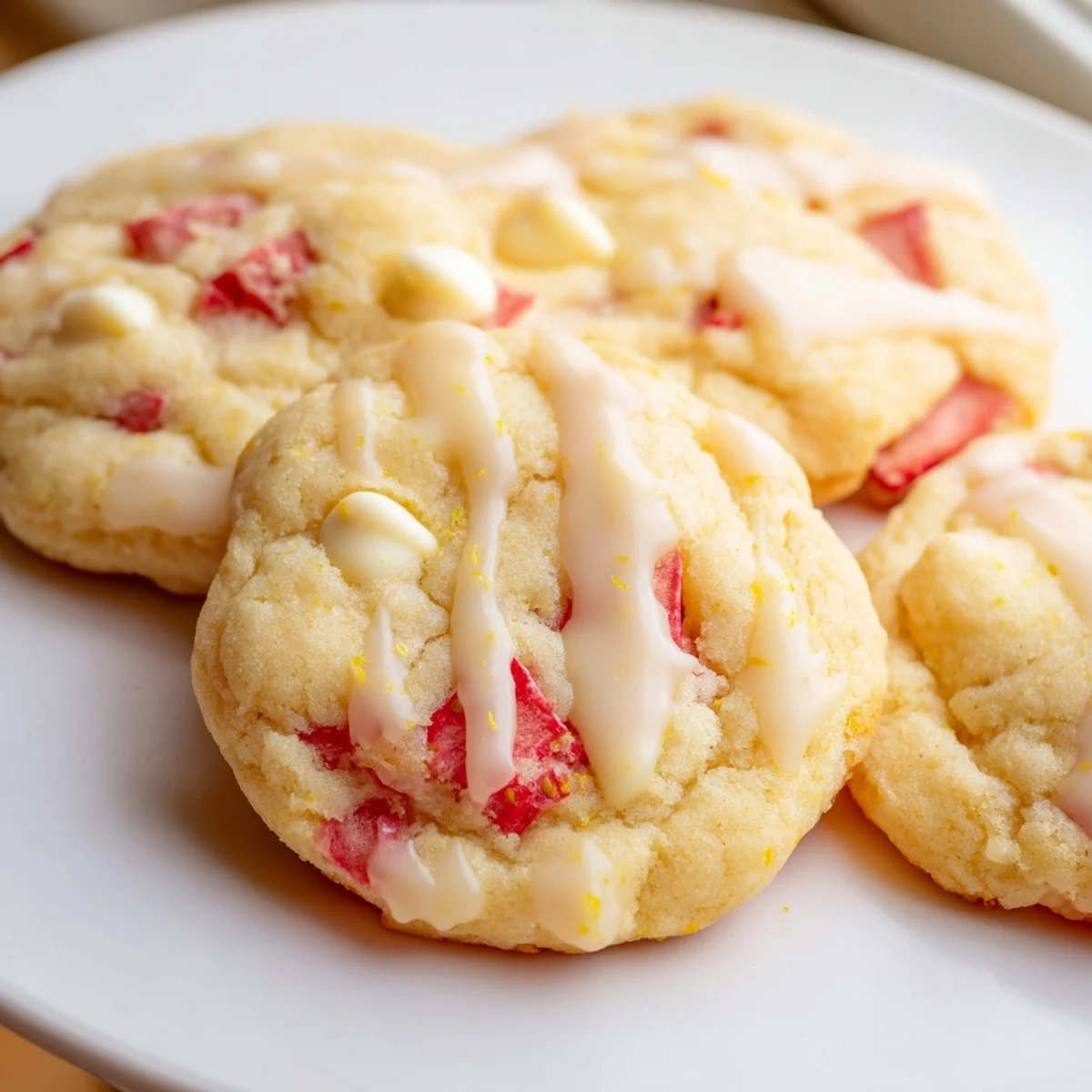 Soft strawberry lemonade cookies with pink flecks drizzled in tangy citrus glaze on rustic parchment paper