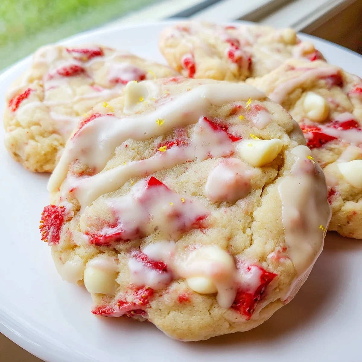 Chewy strawberry lemonade cookies studded with fresh berry pieces and topped with sweet lemon icing