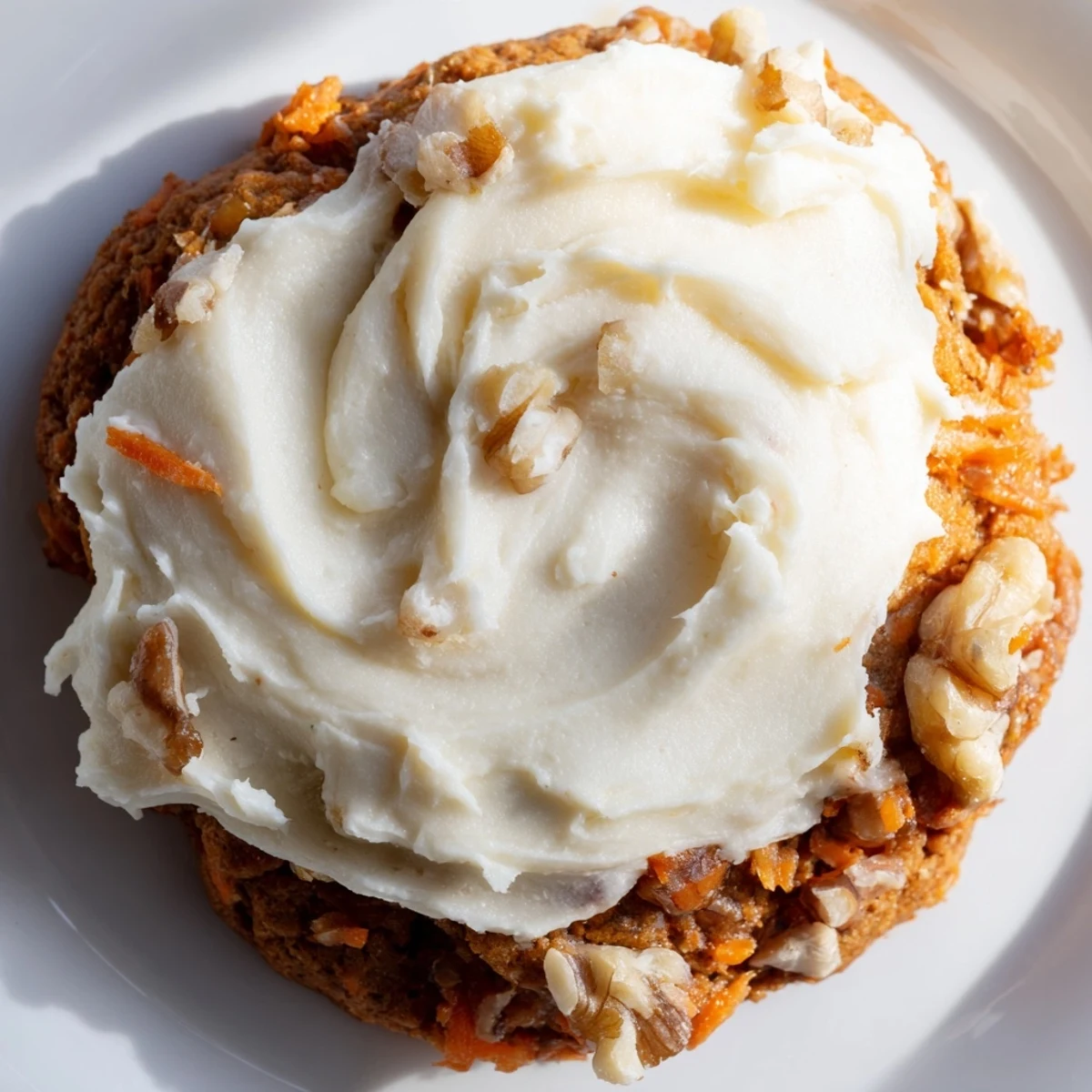 Soft Crumbl carrot cake cookies with thick cream cheese frosting on a rustic baking sheet