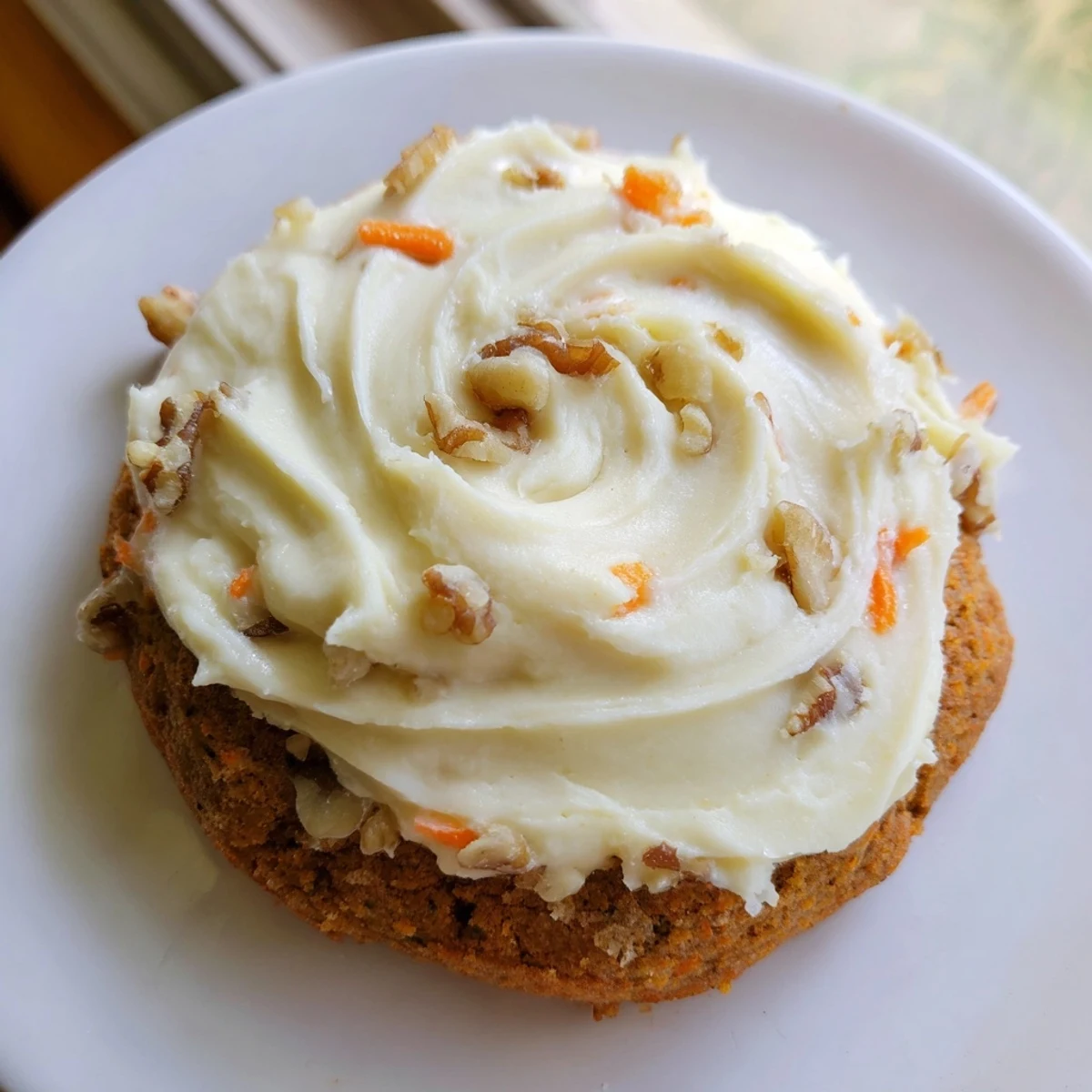 Warm spiced carrot cake cookies topped with swirled vanilla cream cheese frosting