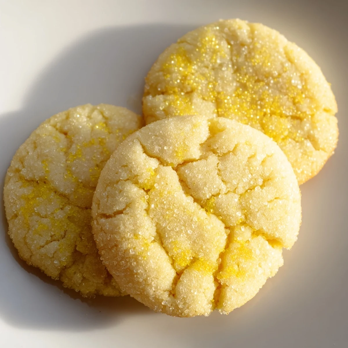 Chewy lemon sugar cookies topped with sparkling sugar on rustic wooden board