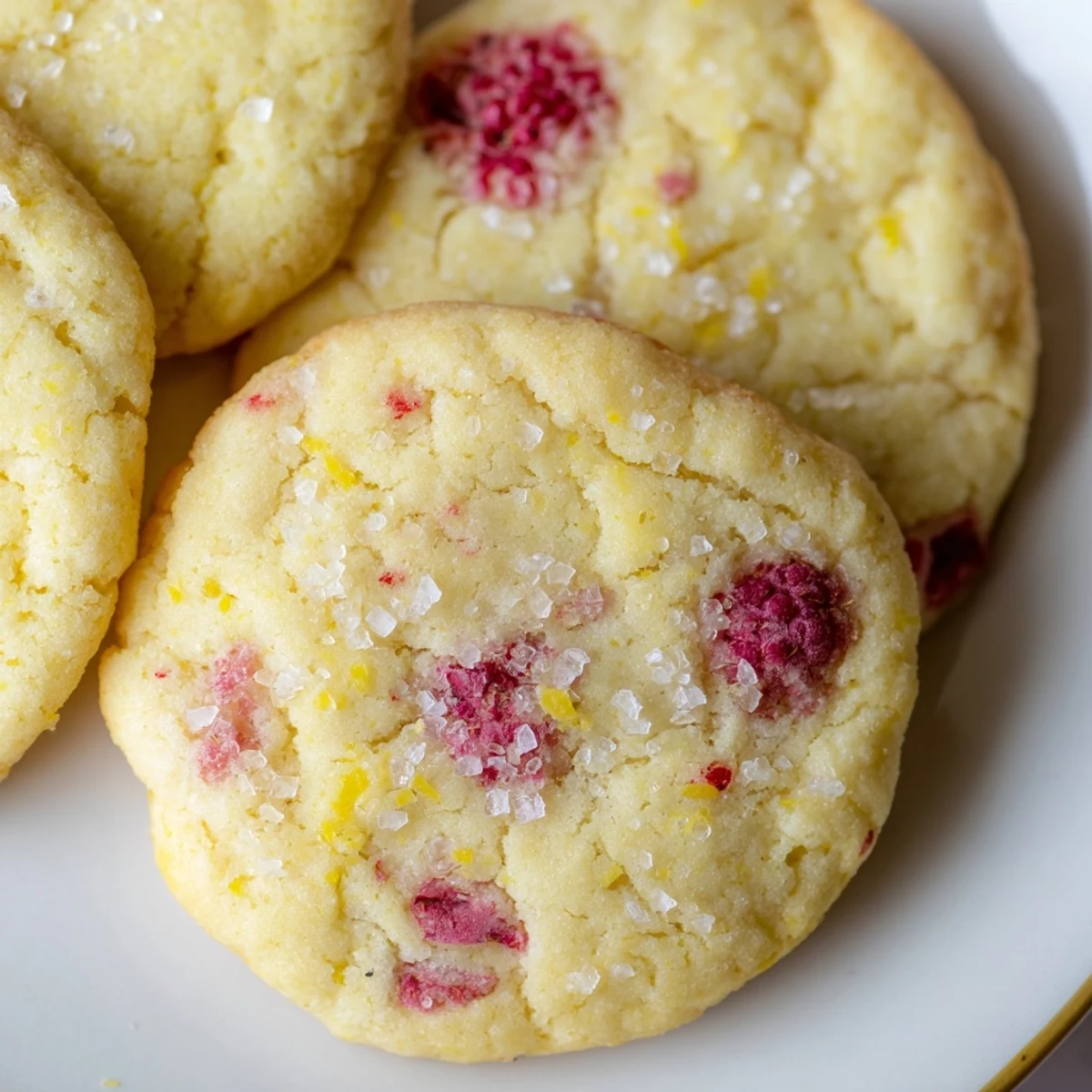 Soft lemon raspberry cookies with golden edges and bursts of red fruit on a rustic baking sheet